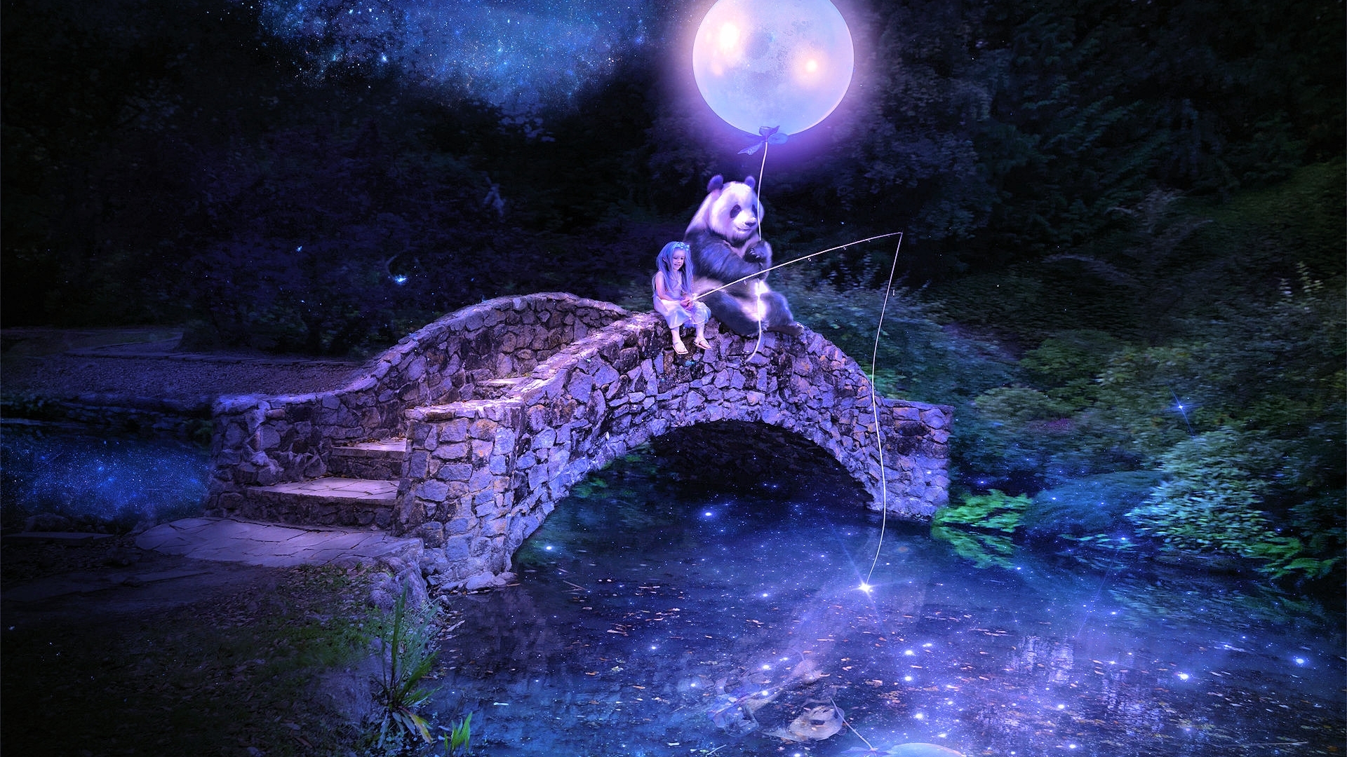 stars, girl, bridge, bear, river, child, light, night, HD Wallpaper