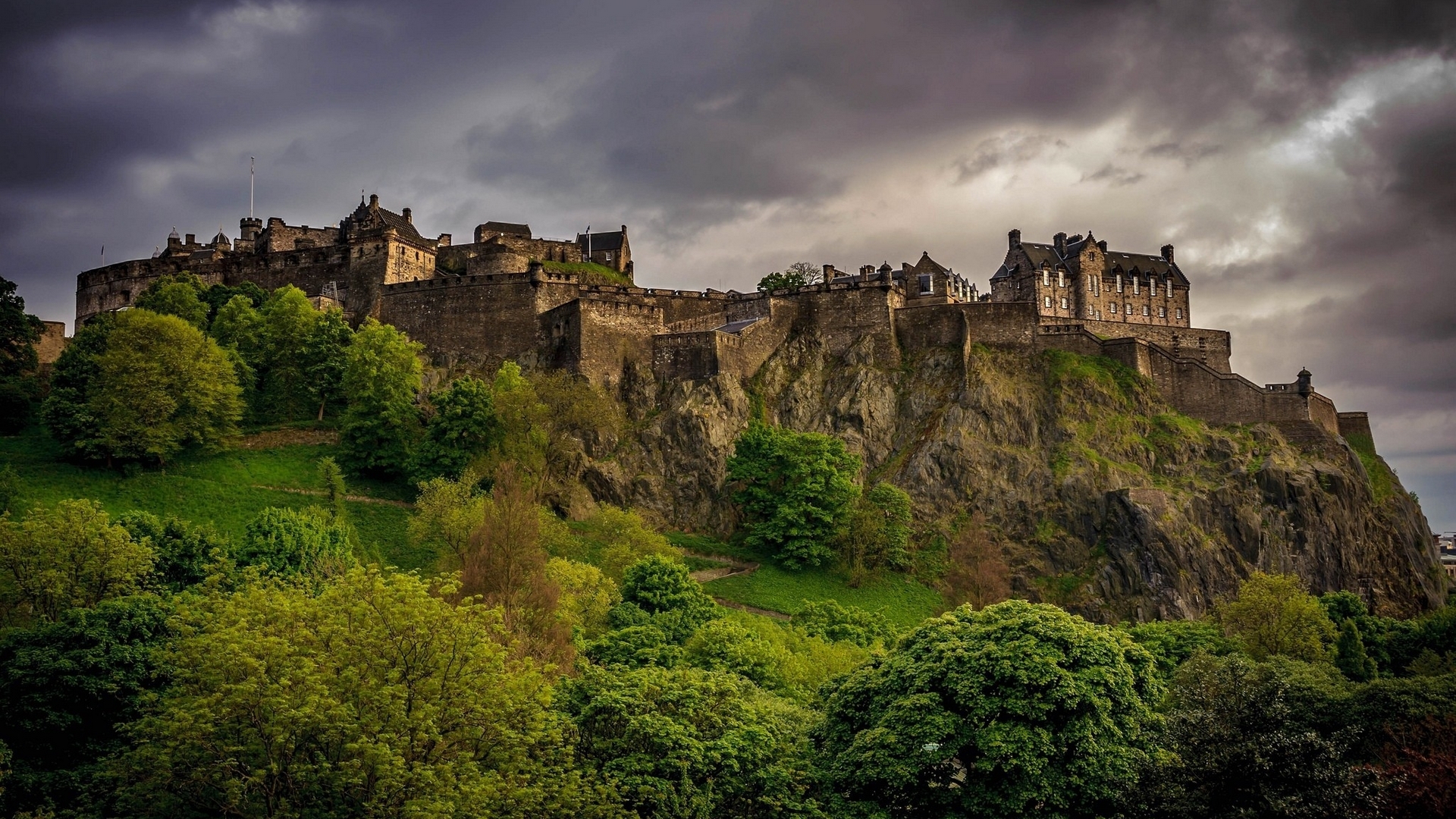 mountain, forest, nature, trees, clouds, castle, hill, HD Wallpaper