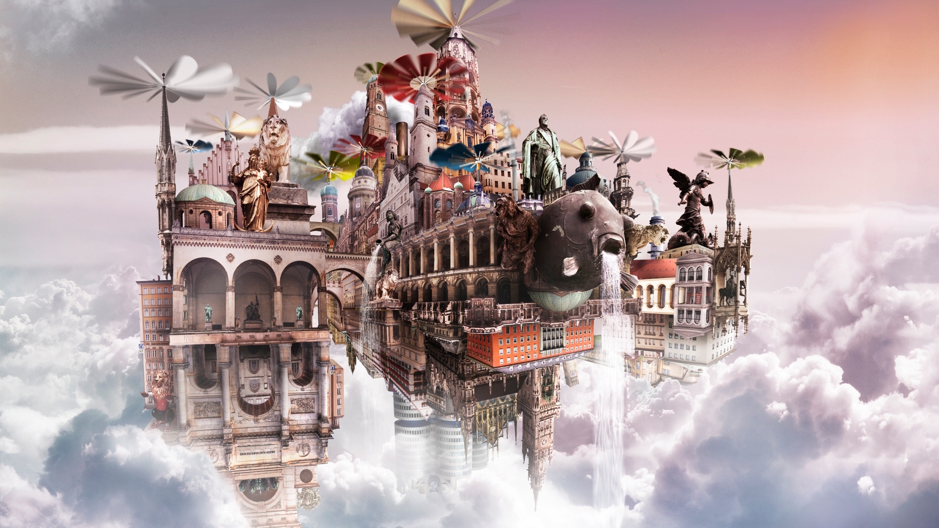 cloudscape, fantasy, white, creative, castle, pink, HD Wallpaper