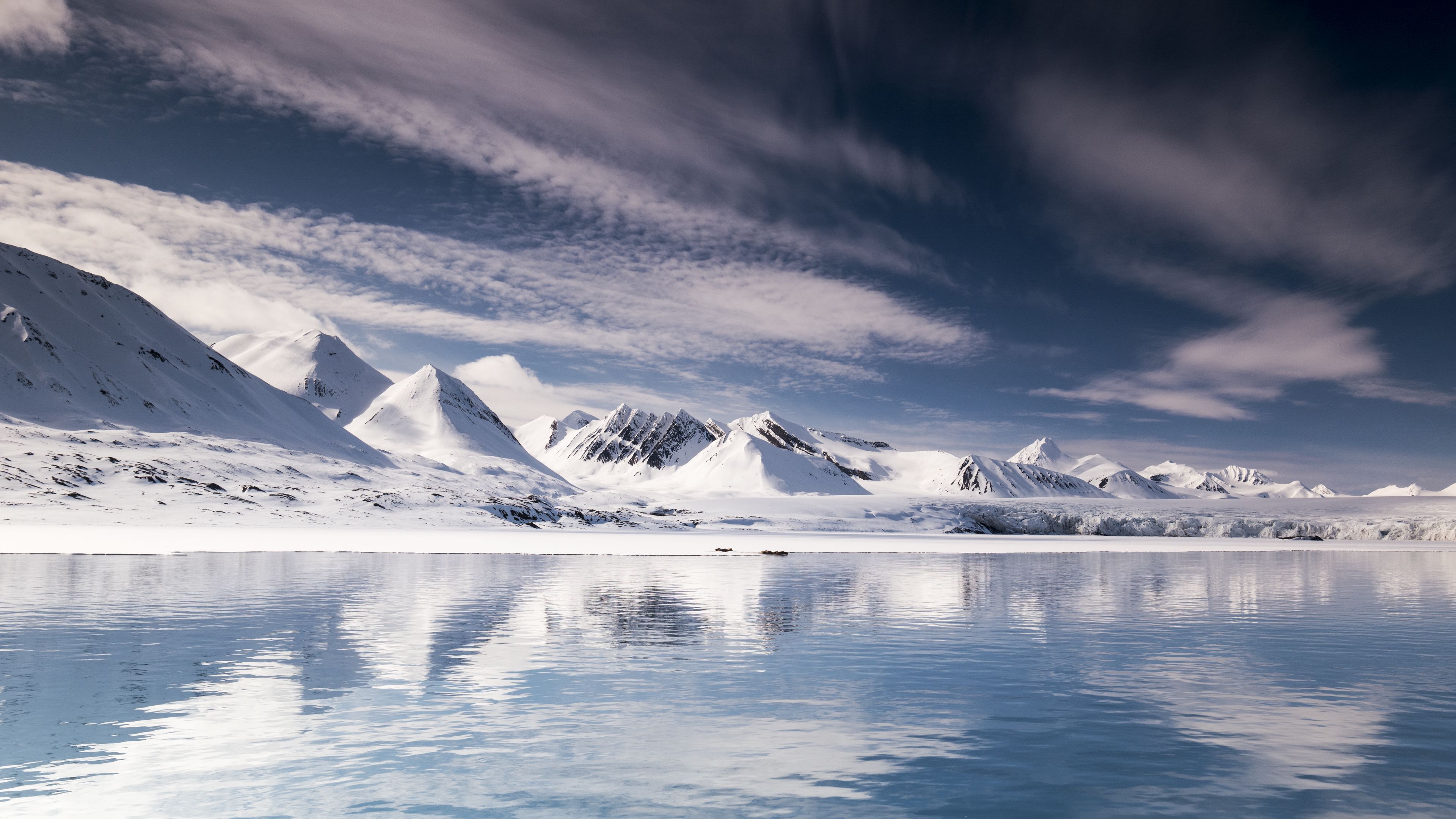 mountains, snow, lake, iceberg, svalbard, 4k, HD Wallpaper