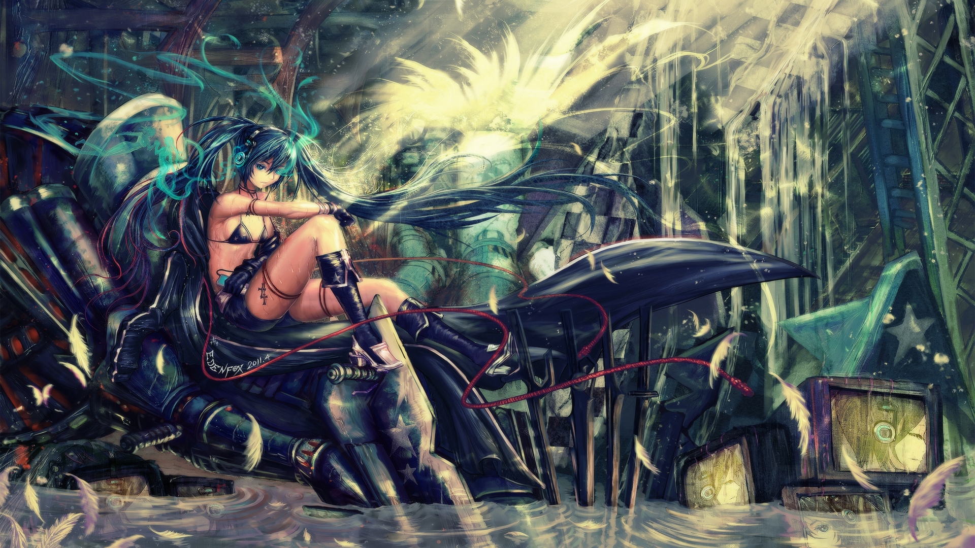weapons, wet, black rock shooter, growing eye, headphone, brs, sword, bikini, HD Wallpaper