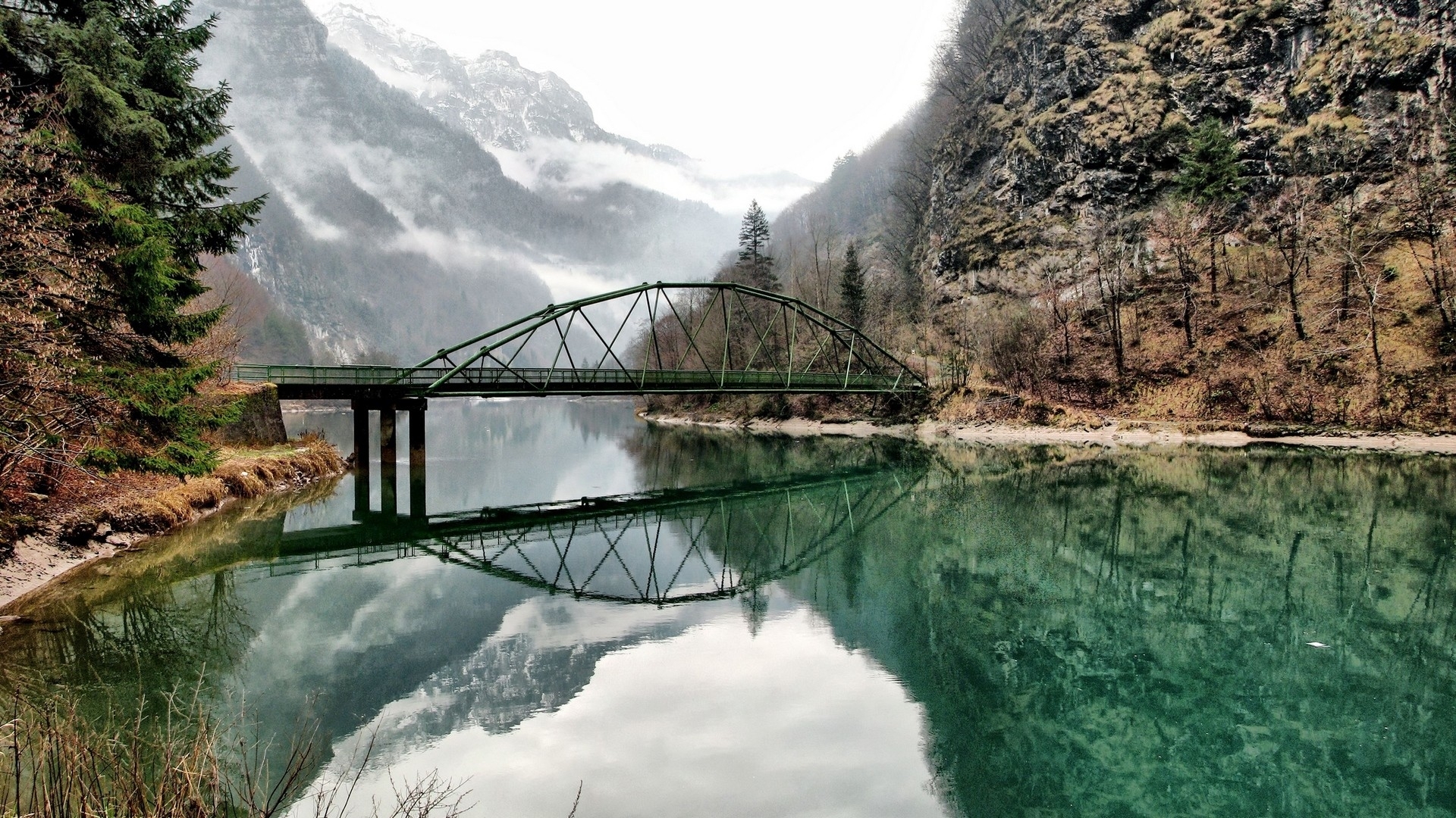 rocks, water, wet, bridge, mountains, river, clouds, lake, HD Wallpaper