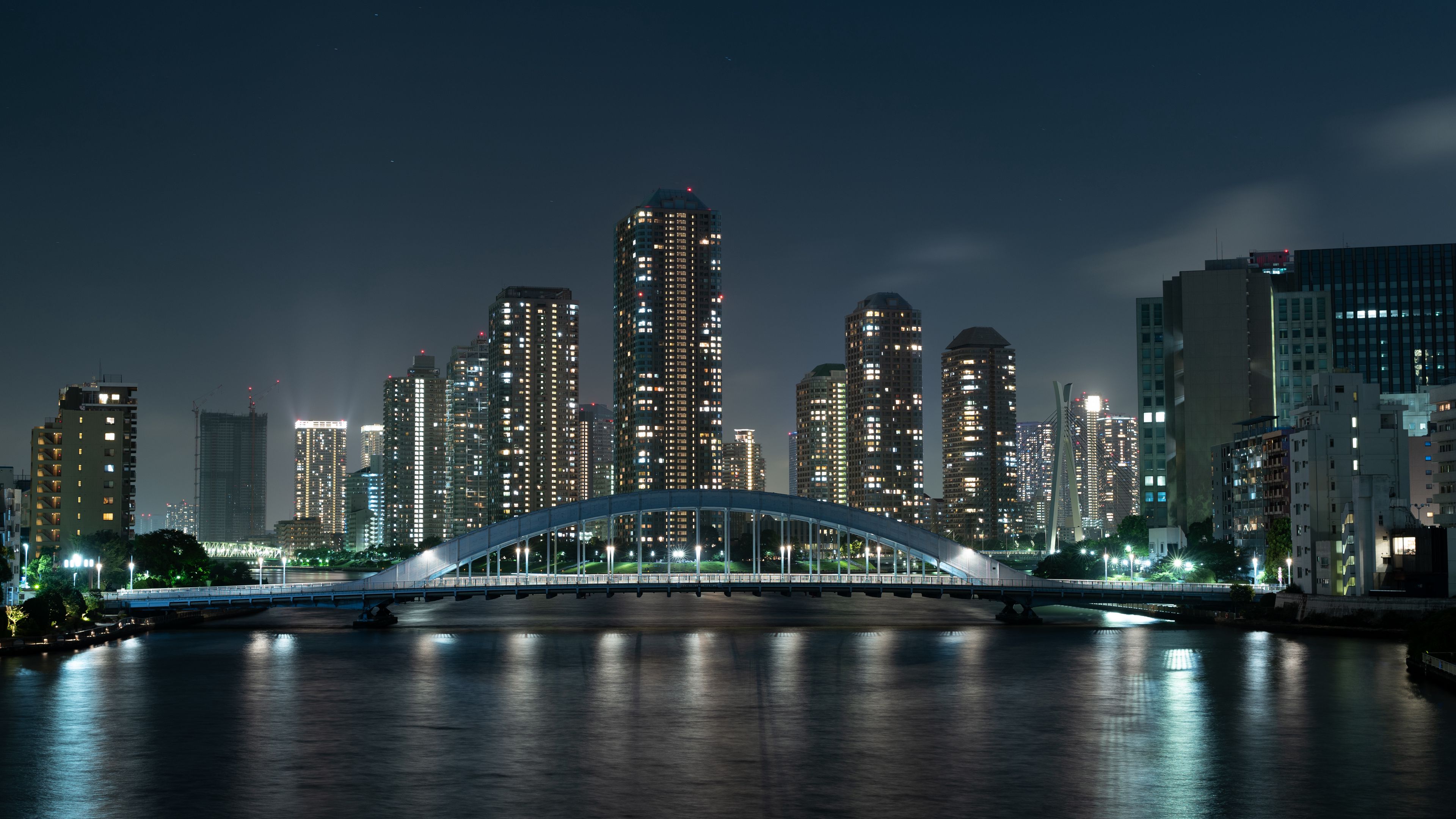 skyscrapers, bridge, night city, river, tokyo, japan, 4k, HD Wallpaper