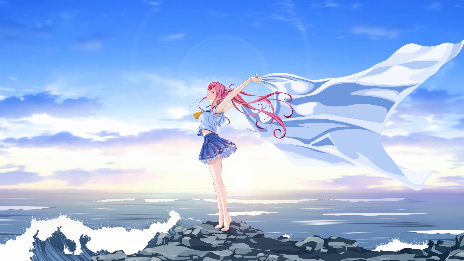 scenic, red hair, sky, deep blue sky  pure white wings, clouds, miyamae tomoka, ponytail, cilou, water, barefoot, misaki kurehito, seifuku, HD Wallpaper