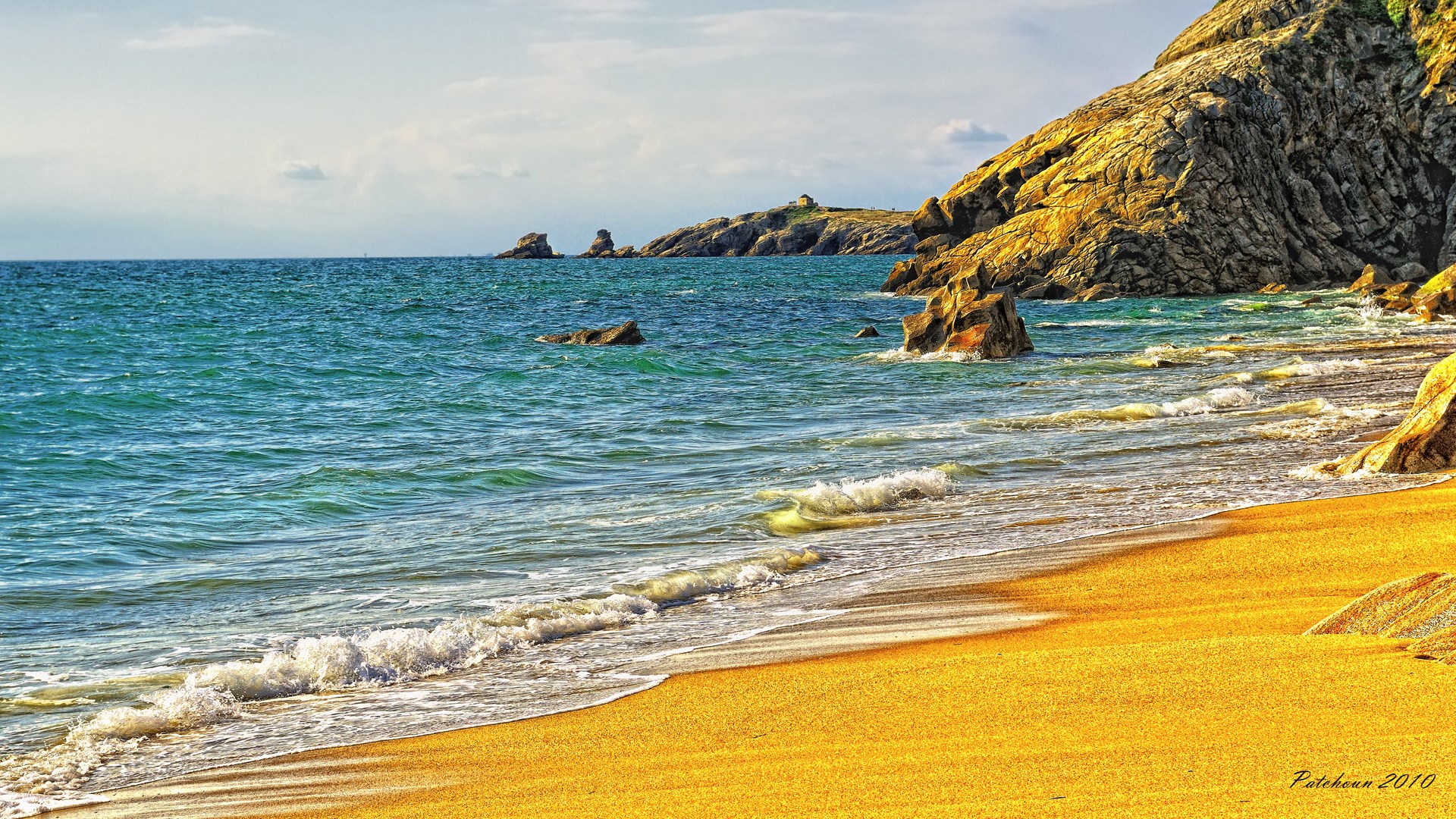 beach, rocks, nice, beautiful, trees, clouds, sky, HD Wallpaper