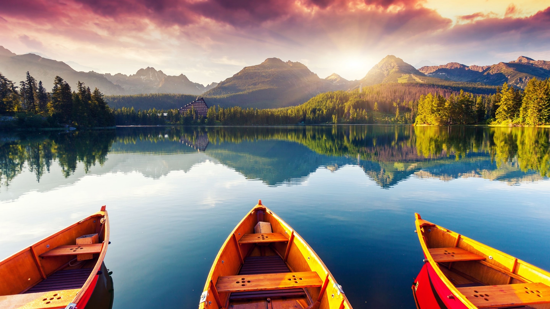 boats, mountains, colors, reflection, sky, HD Wallpaper