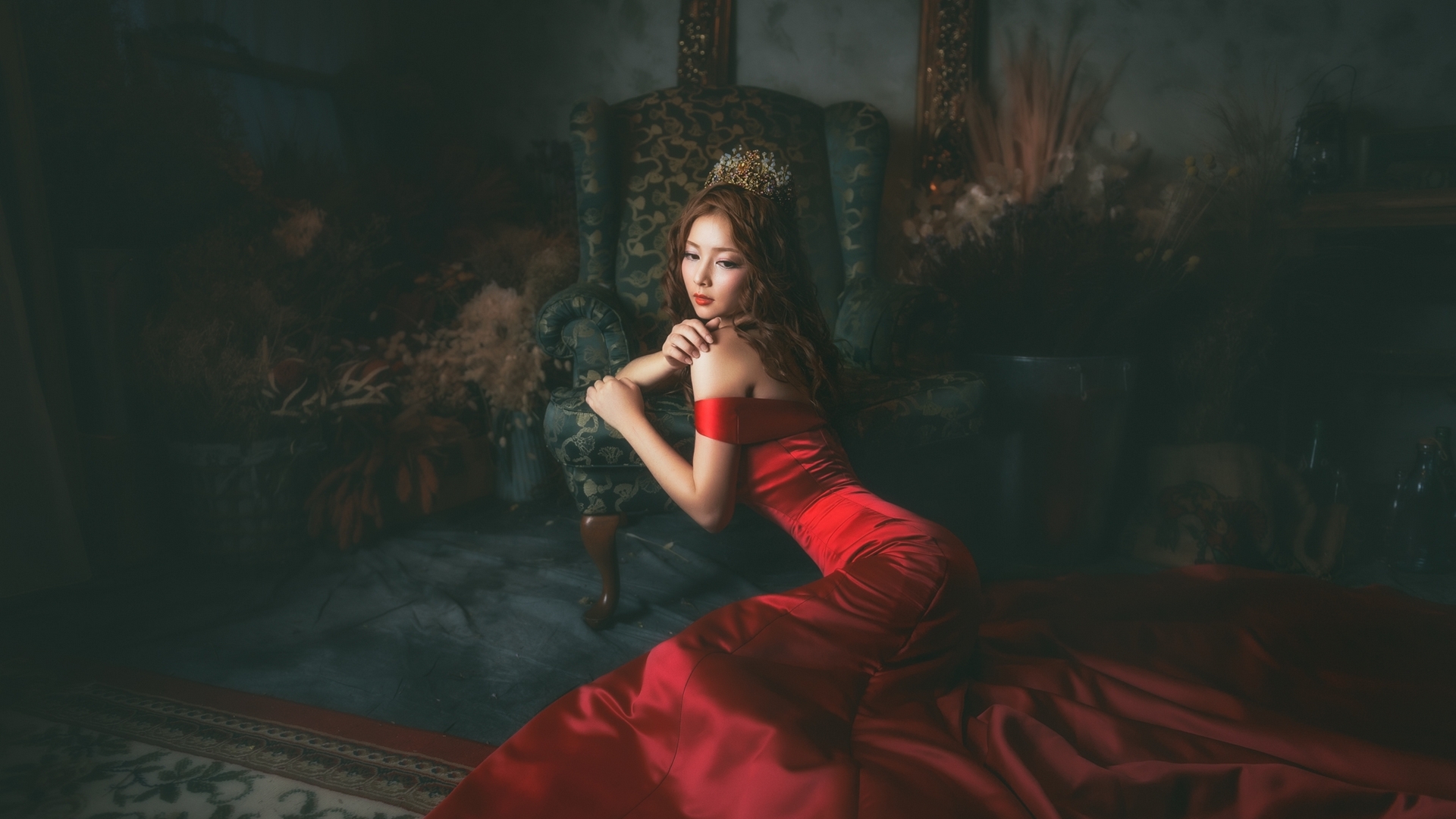 red, dress, model, black, woman, girl, asian, beauty, room, HD Wallpaper