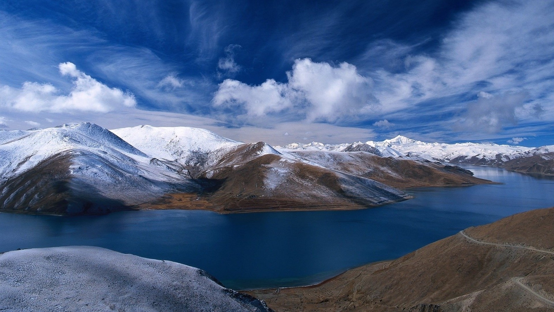 landscape, mountains, clouds, canada, northern canada, river, snow, blue sky, HD Wallpaper