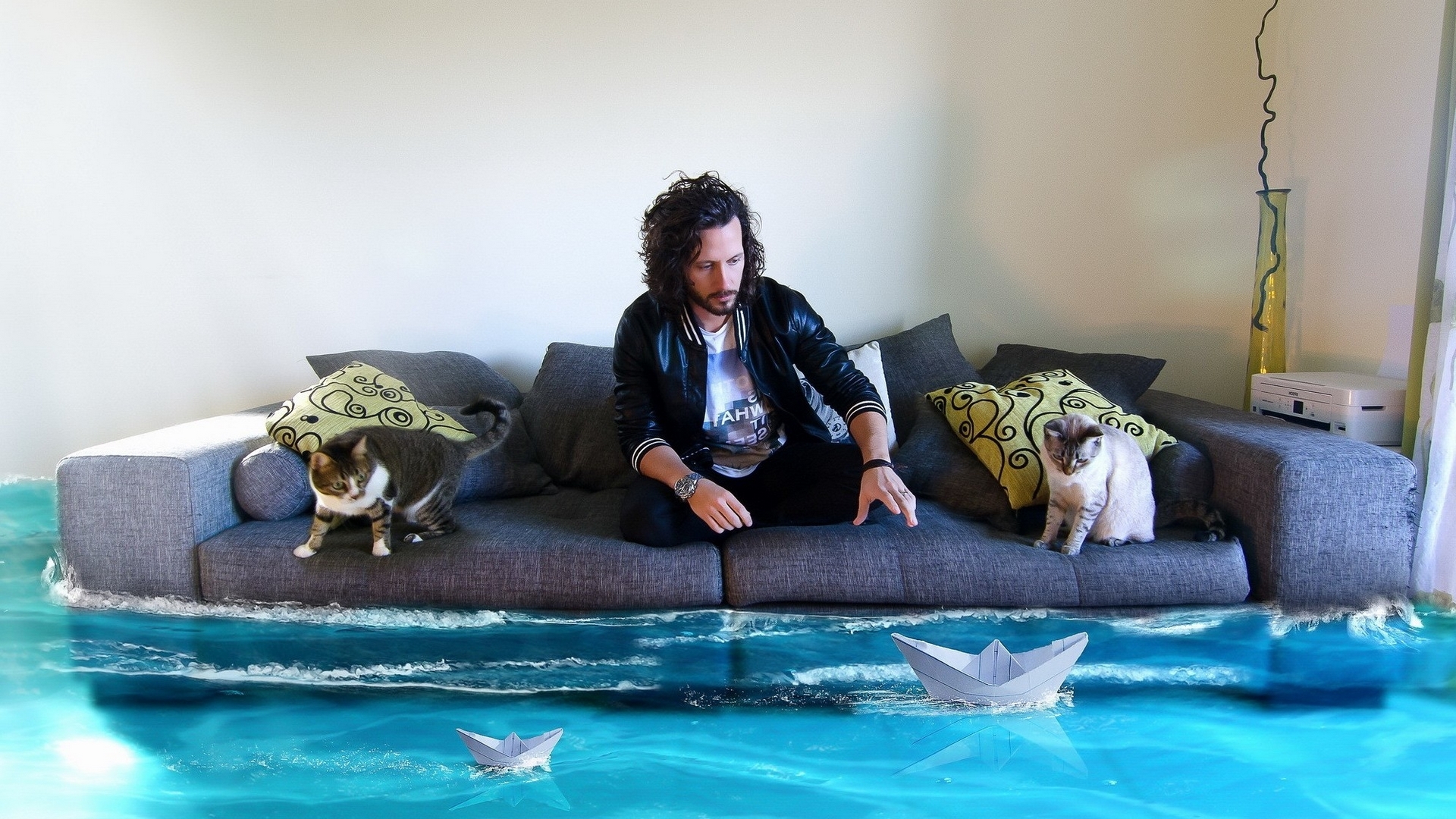 man, cat, creative, boat, fantasy, summer, room, paper, sofa, pisica, blue, HD Wallpaper