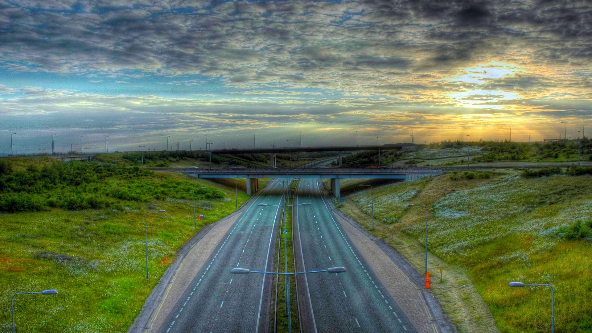 highway, sunset, road, clouds, sky, HD Wallpaper