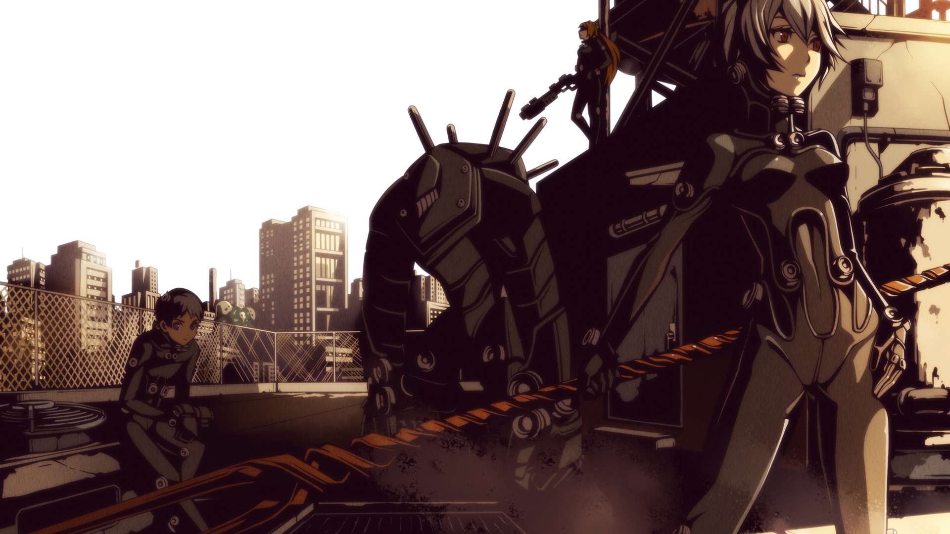 short hair anime, evangelion grantz crossover, anime, robots, anime warrior, beautiful girl, HD Wallpaper