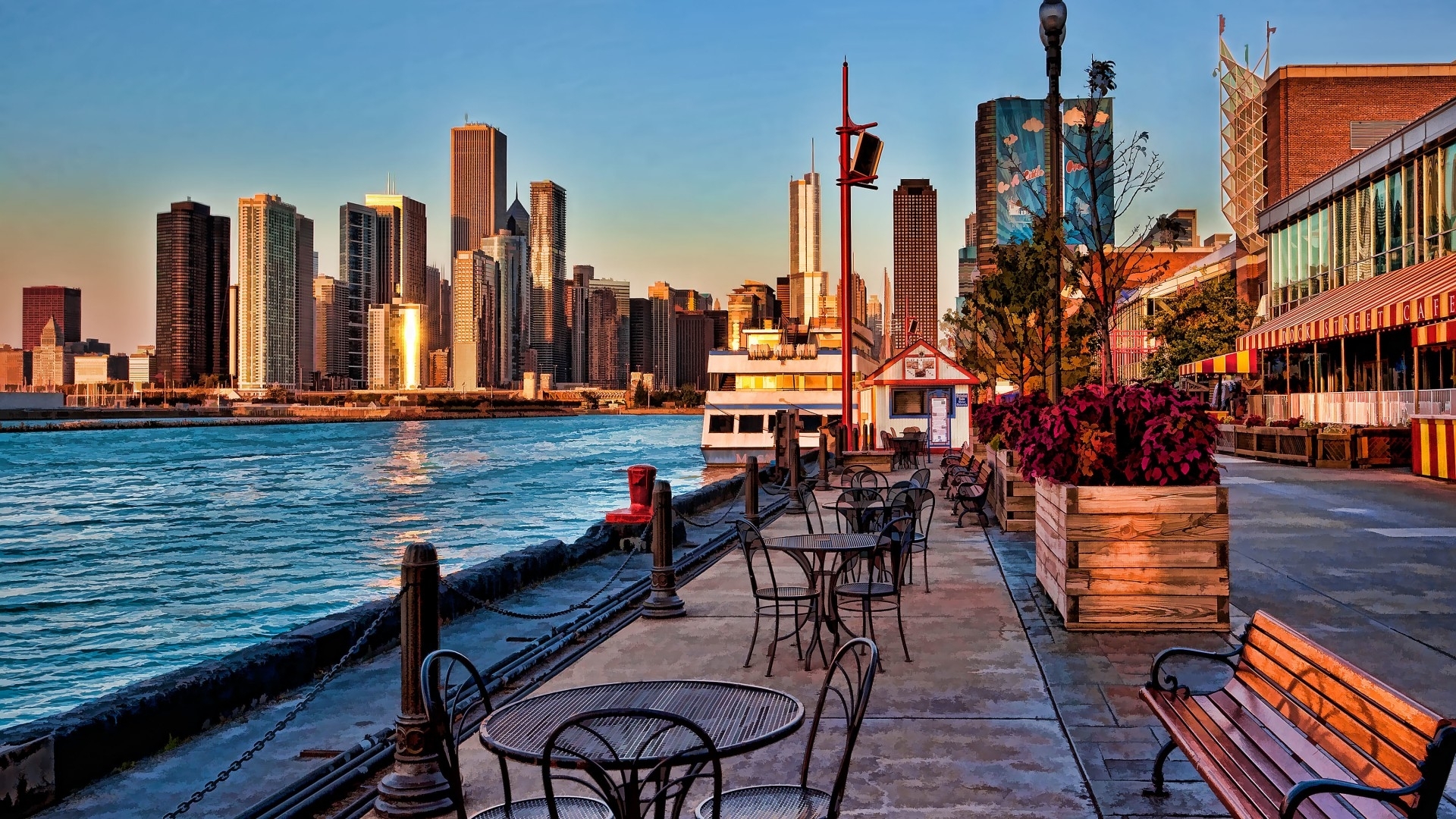 city, tables, pier, chairs, hdr, lake, skyscrapers, HD Wallpaper