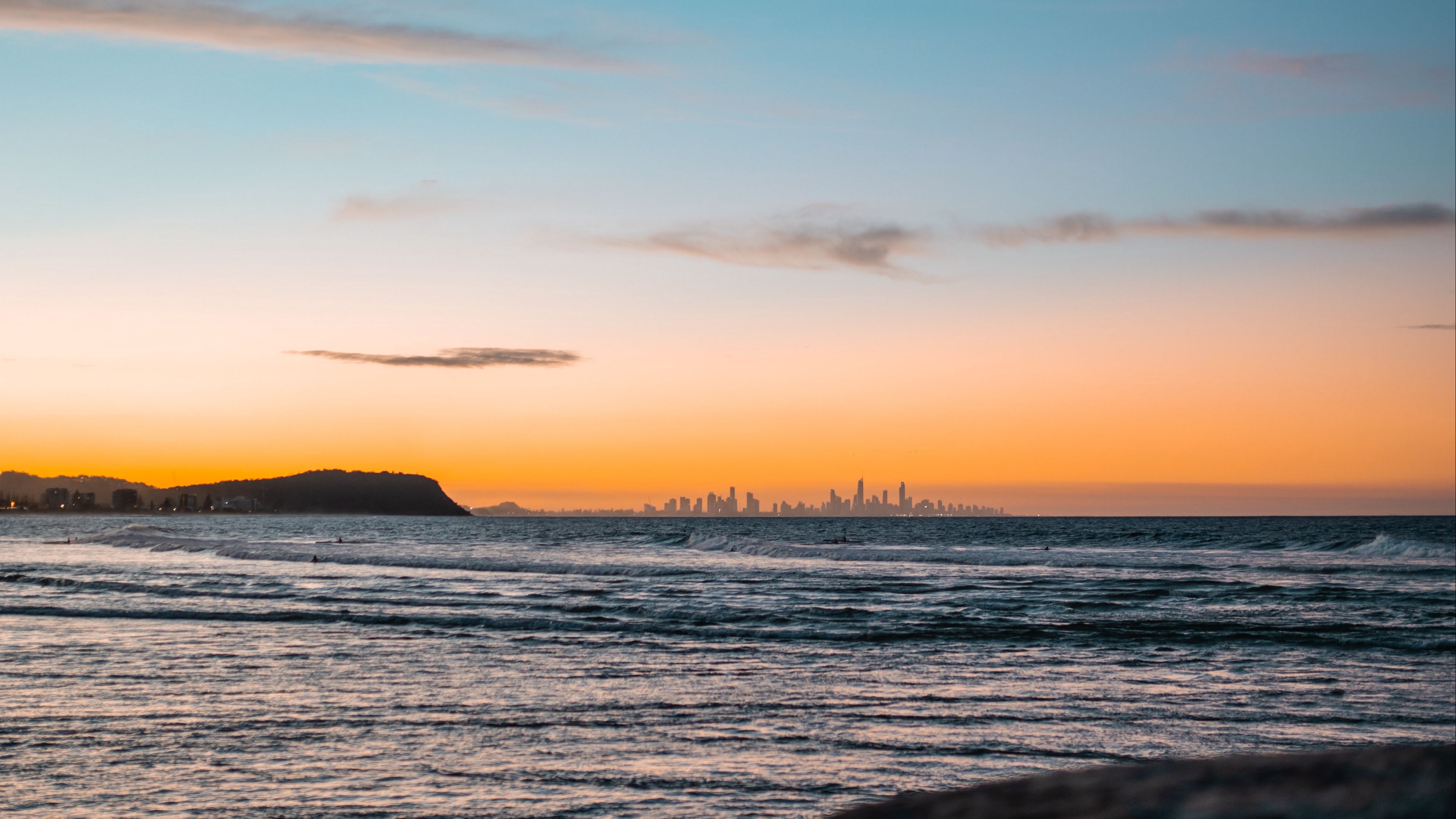 ocean, rocks, city, horizon, 4k, HD Wallpaper
