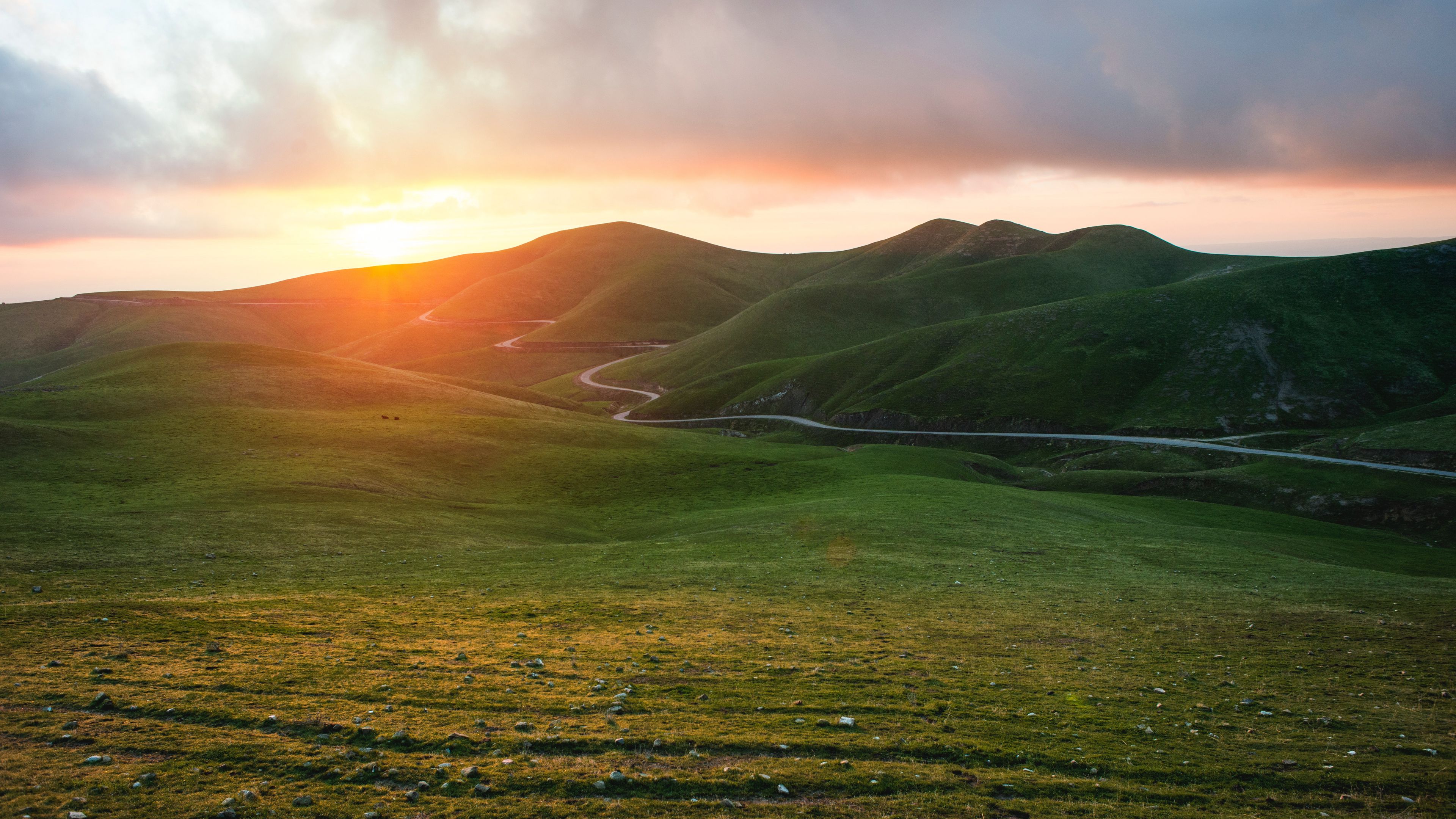 mountains, road, sunset, field, 4k, HD Wallpaper