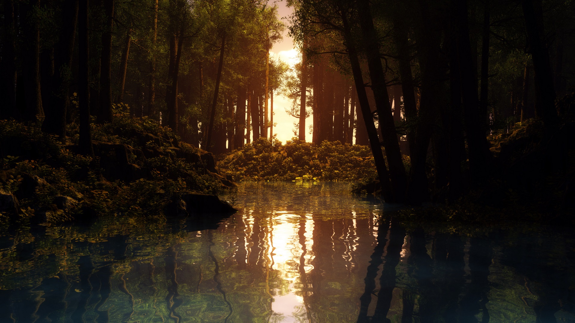 dark, nature, trees, abstract, lake, HD Wallpaper
