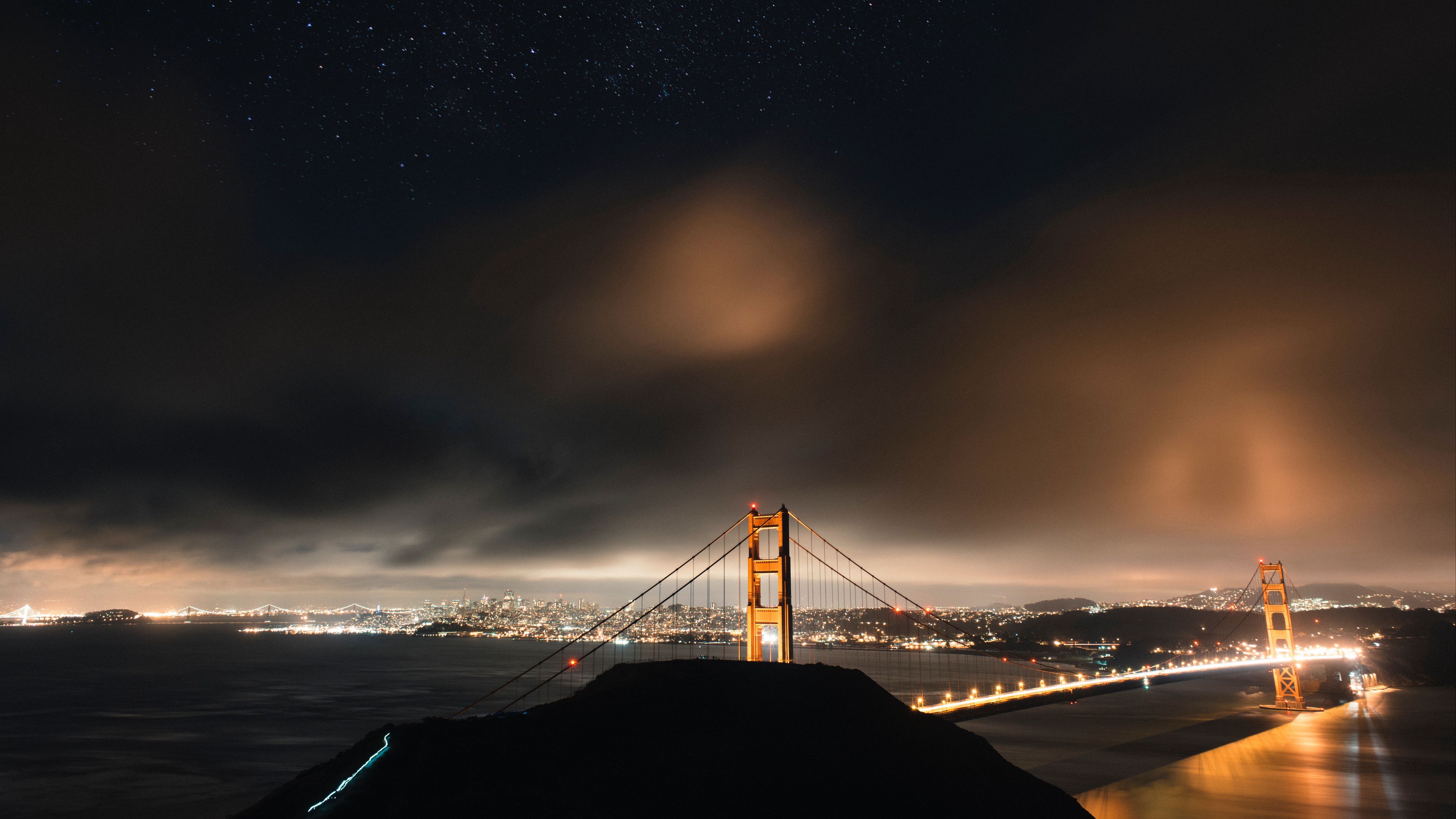 bridge, starry sky, night city, clouds, san francisco, usa, 4k, HD Wallpaper