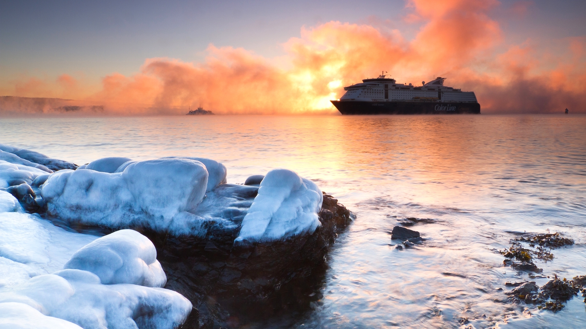 ferry, ocean, ice, colorline, sunset, frost, HD Wallpaper