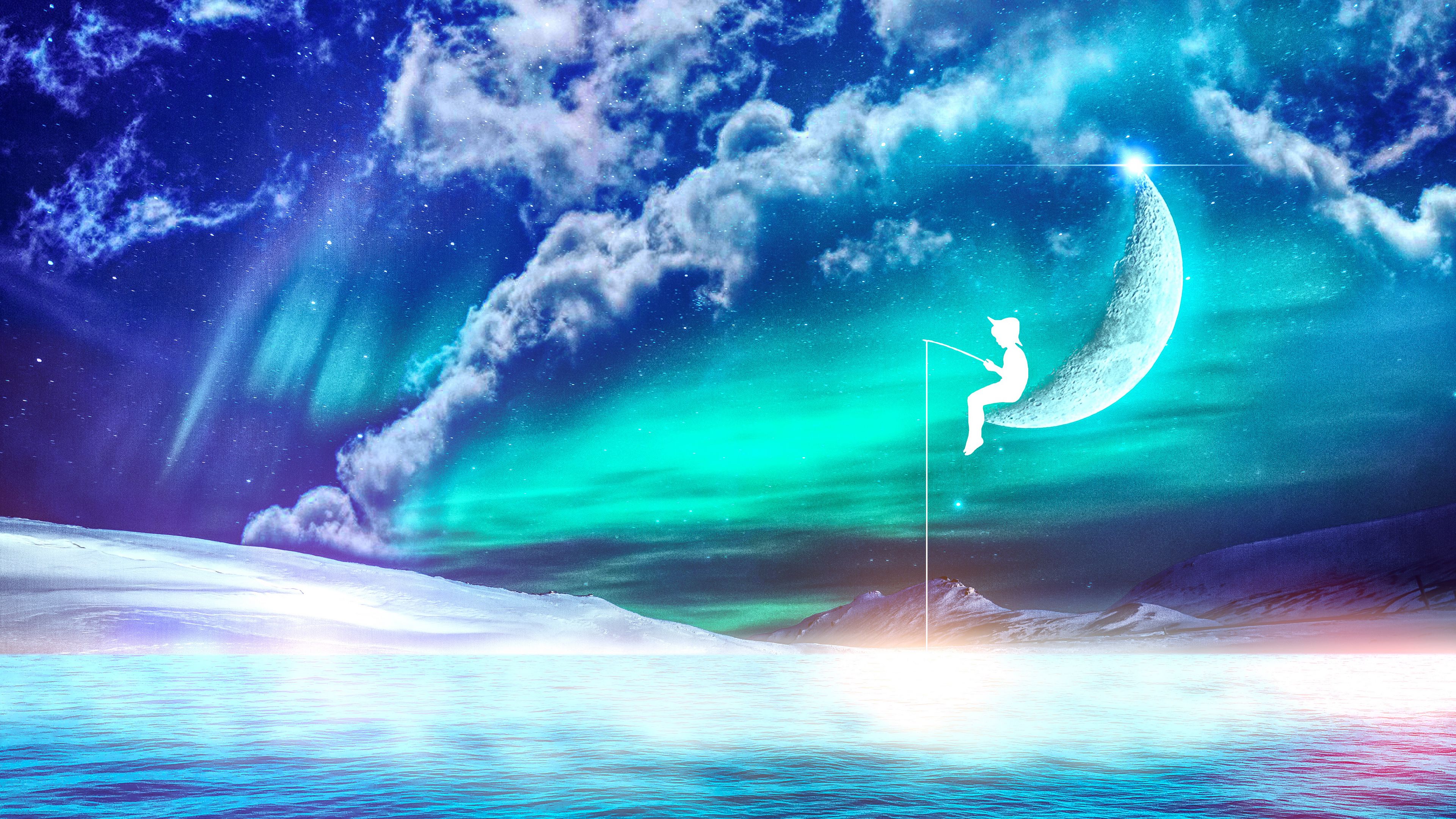 fisherman, moon, fantasy, photoshop, silhouette, 4k, HD Wallpaper
