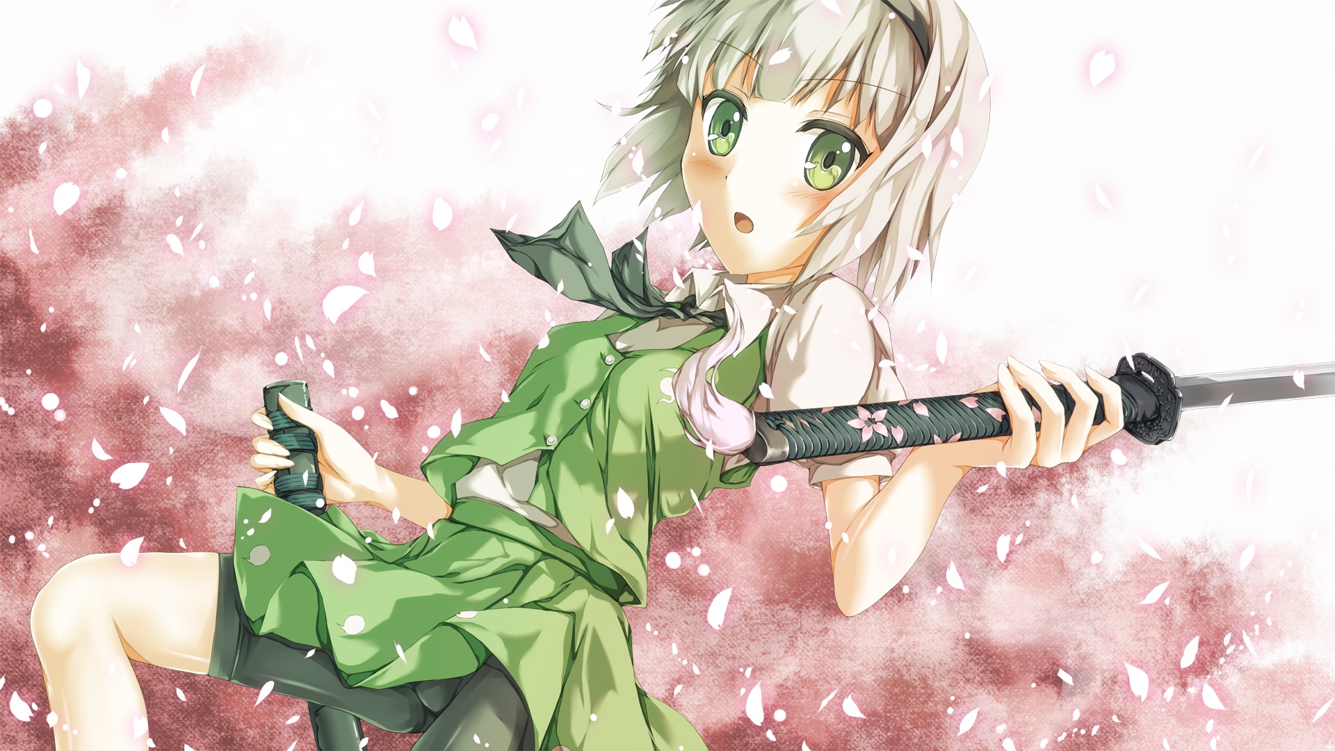 female, white hair, video game, game, konpaku youmu, girl, anime, katana, touhou, sword, HD Wallpaper