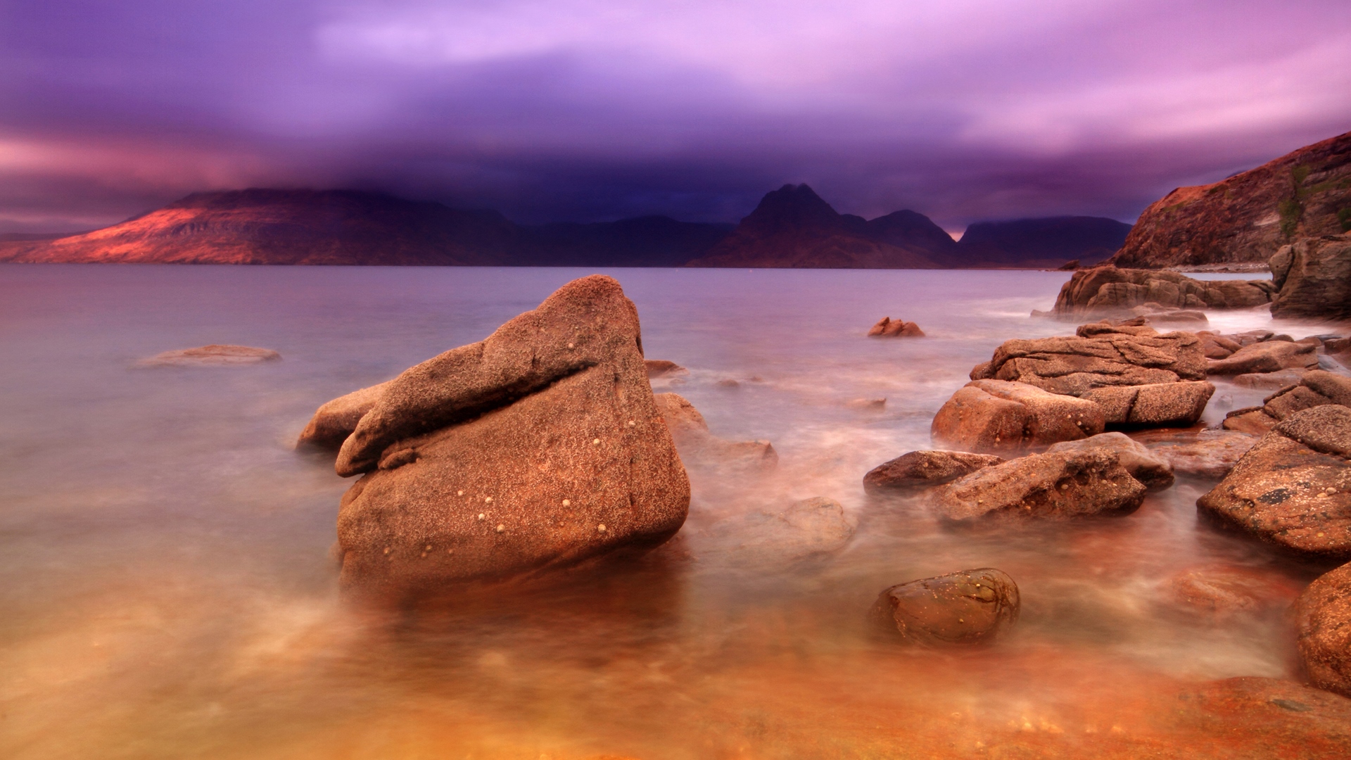 rocks, colorful, pink sunset, ocean, colors, sunset, sky, clouds, sea, nature, HD Wallpaper
