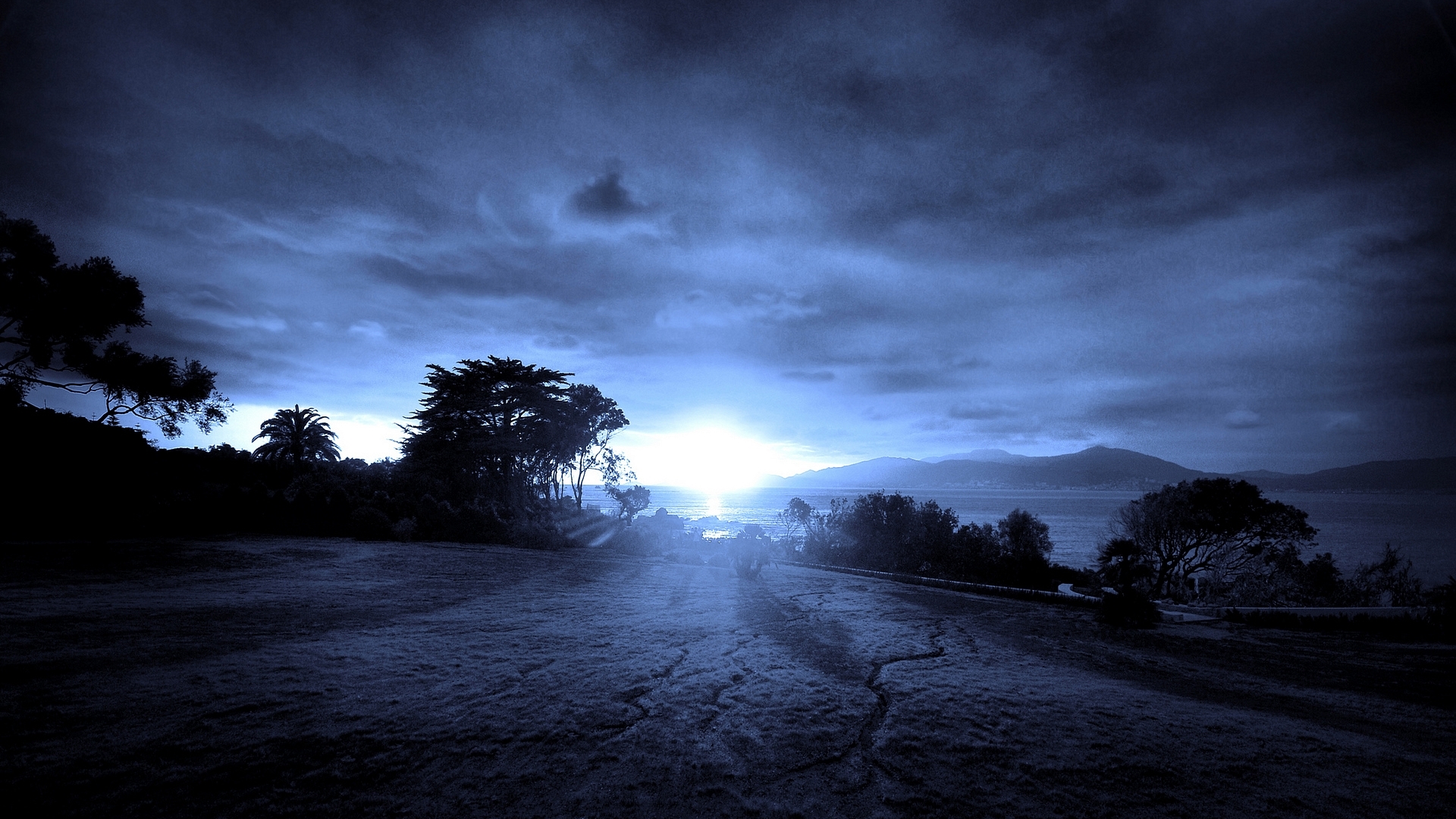sun, mountains, ocean, nature, trees, clouds, coast, field, HD Wallpaper