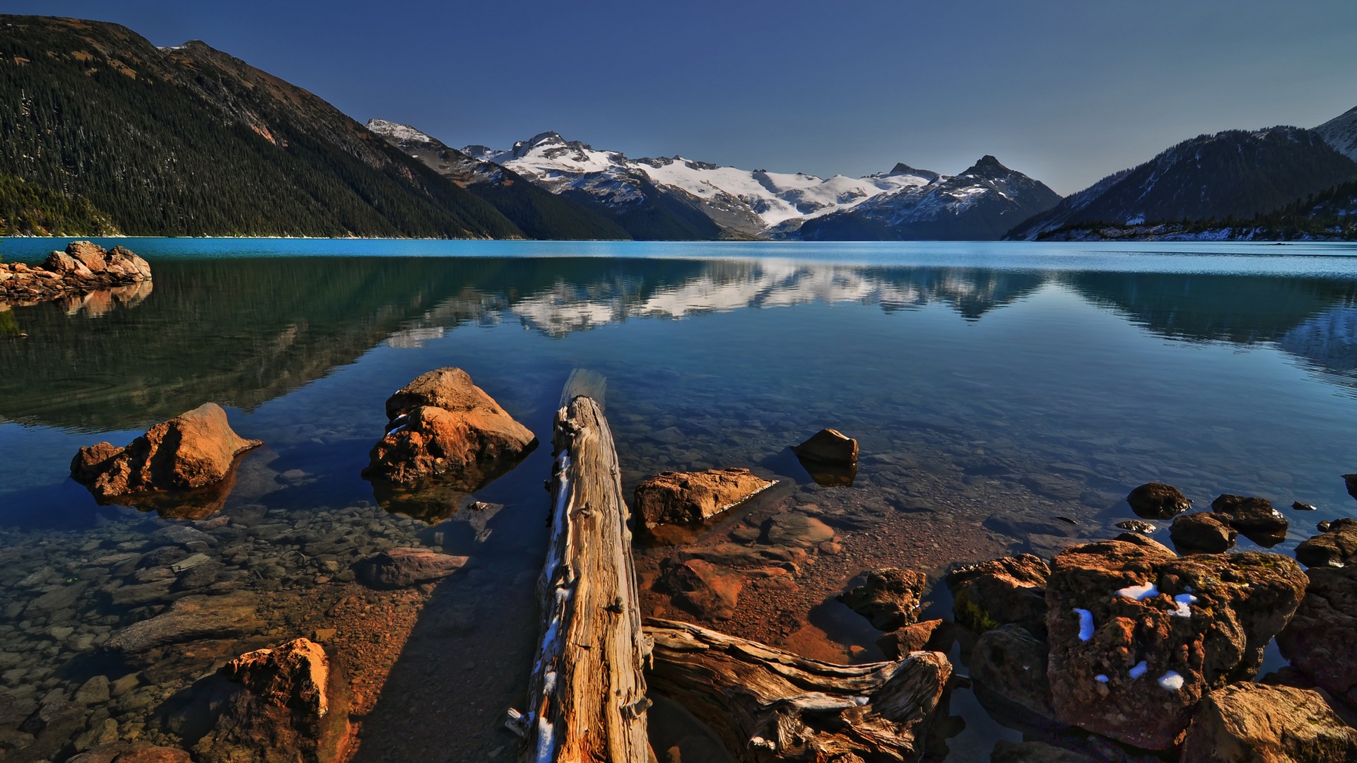 rocks, mountains, british columbia, beautiful, reflection, lake, canada, drift wood, HD Wallpaper