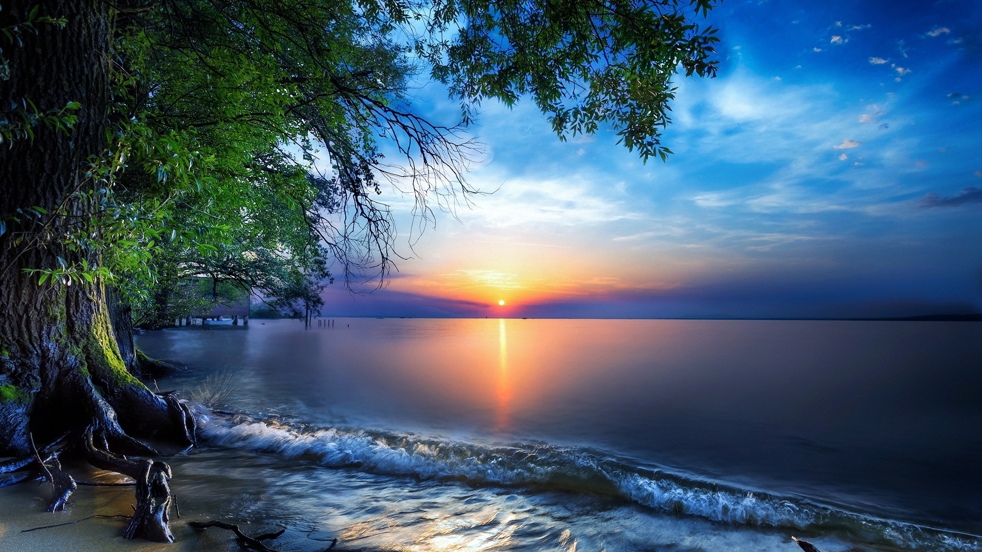 nature, sunrise, waves, trees, clouds, lake, HD Wallpaper
