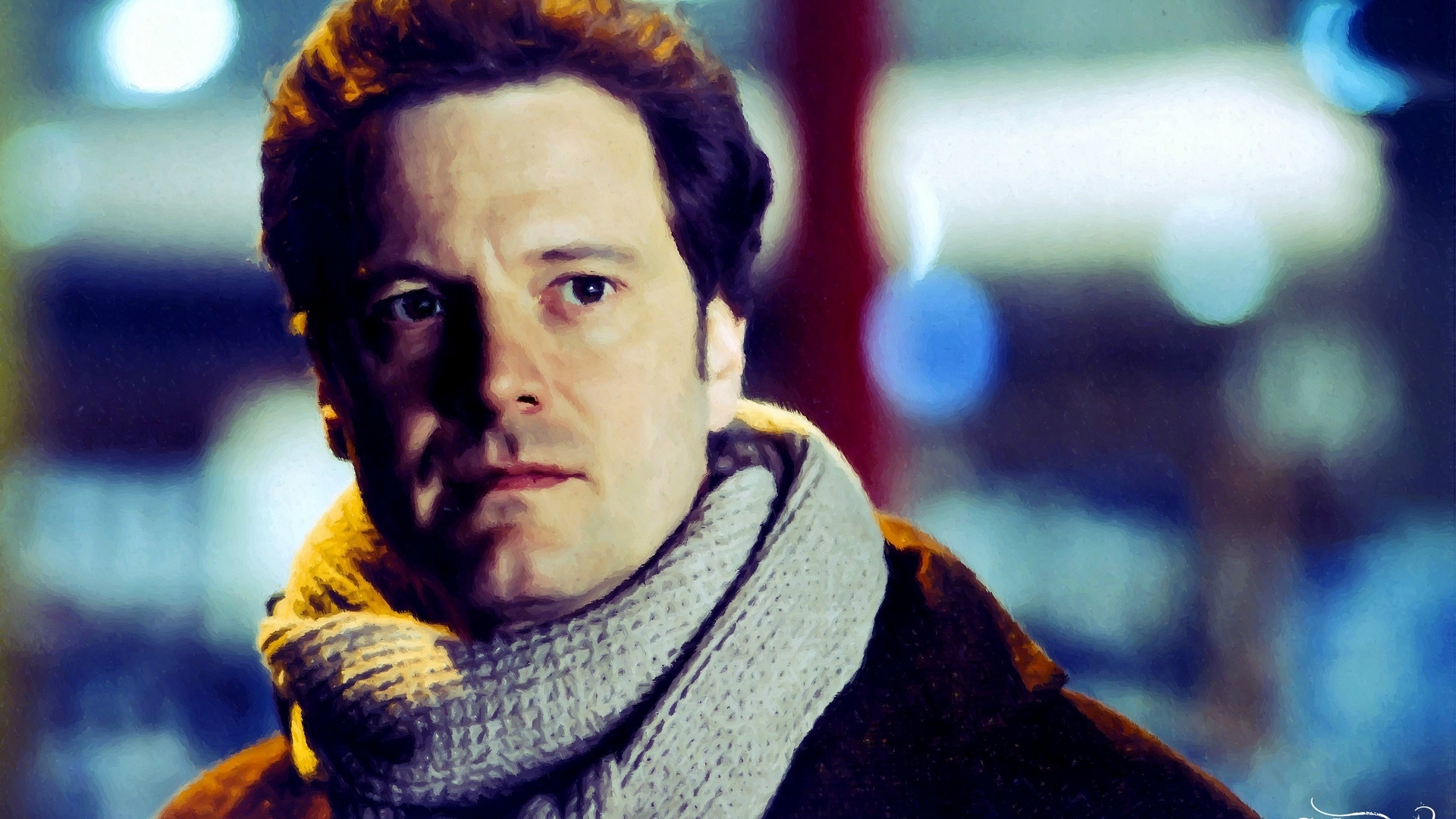 art, man, by cehenot, winter, colin firth, painting, scarf, pictura, actor, blue, HD Wallpaper
