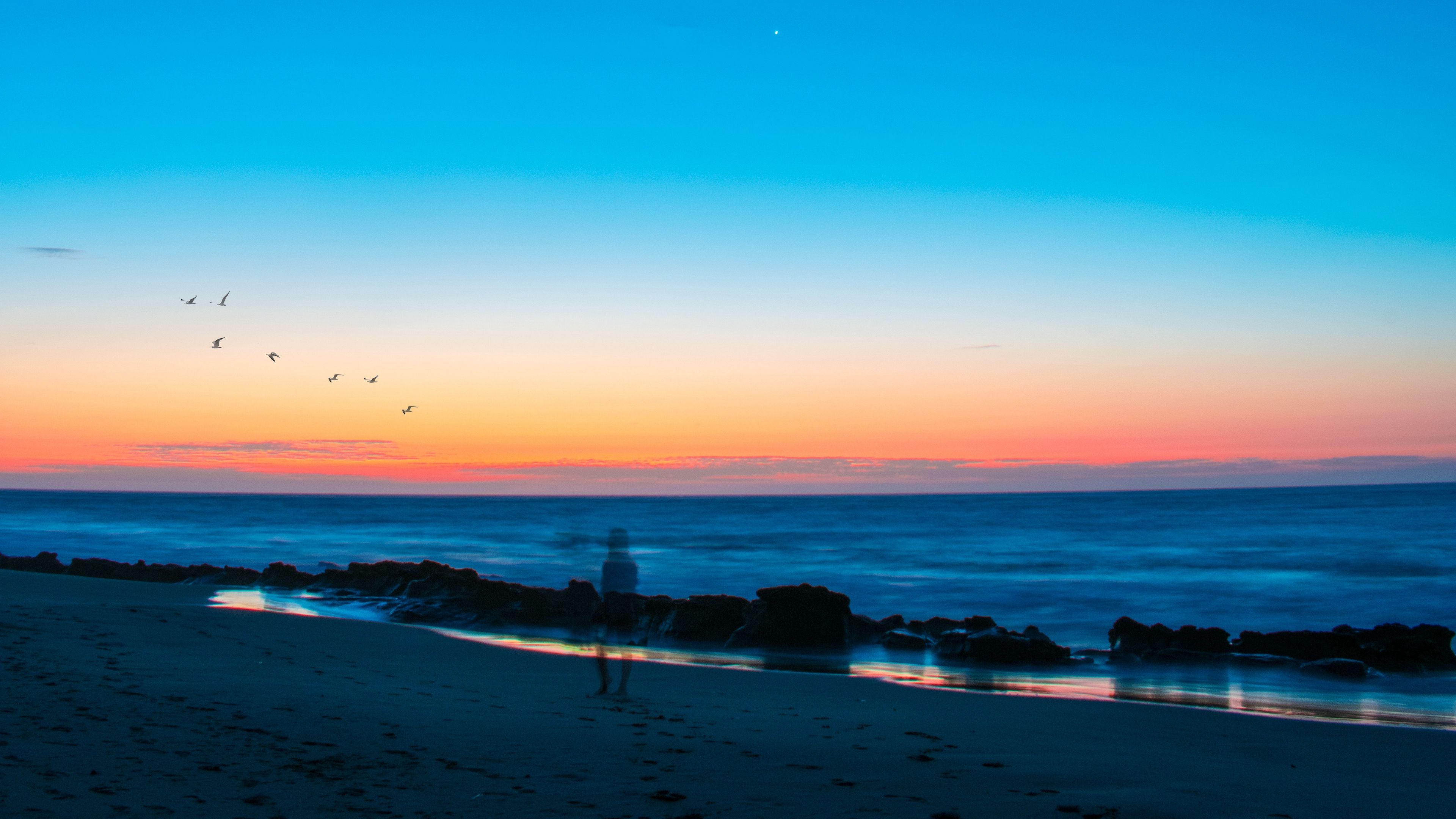 sea, solitude, silhouette, birds, sunset, mirage, 4k, HD Wallpaper