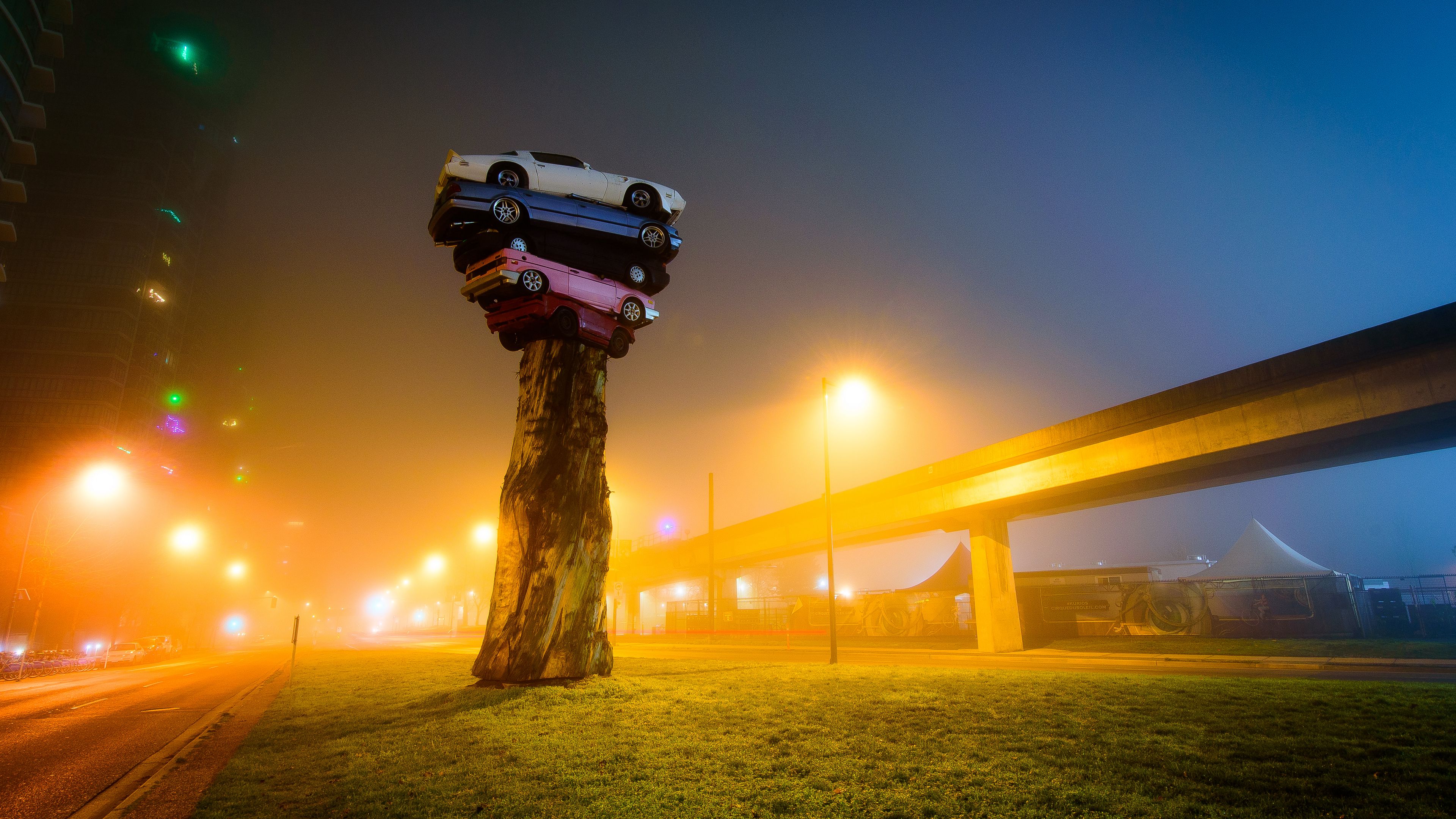 trans am totem, installation, cars, art object, tree, night city, fog, vancouver, 4k, HD Wallpaper