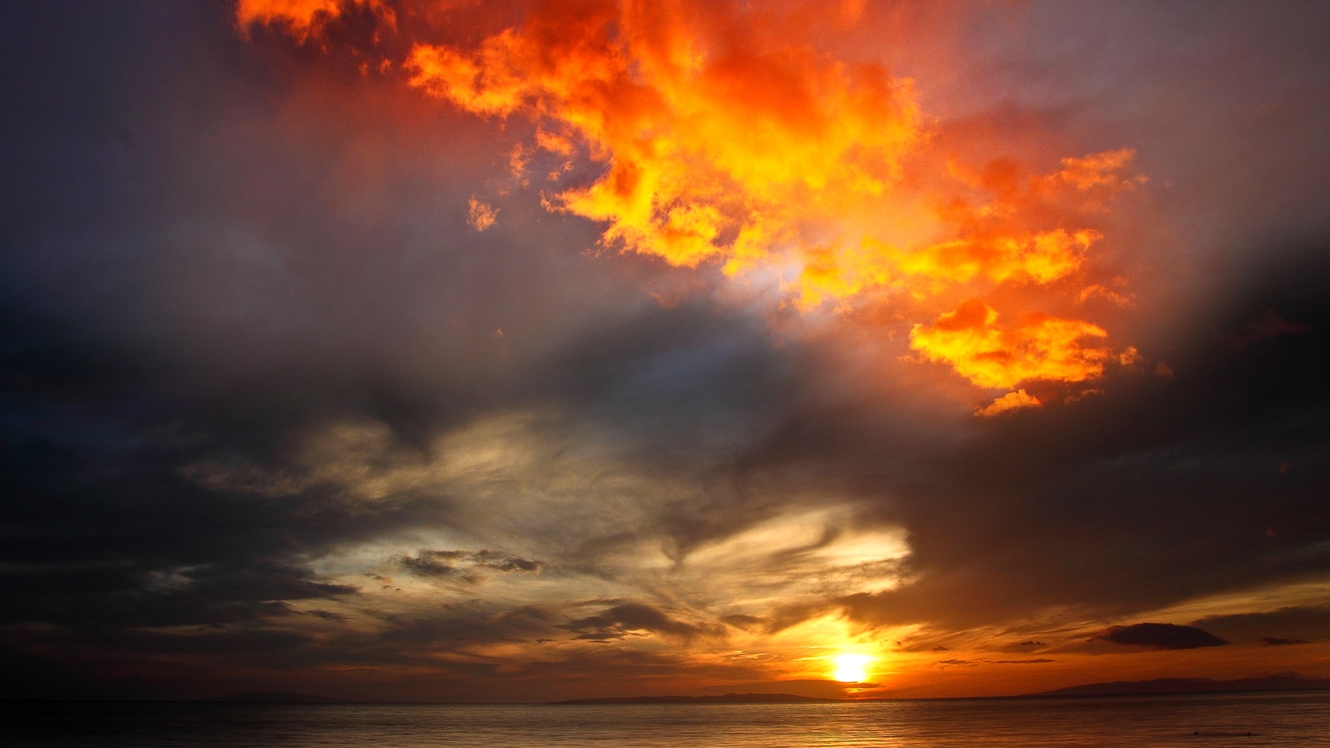 red, cloud, orange, ocean, sunset, HD Wallpaper