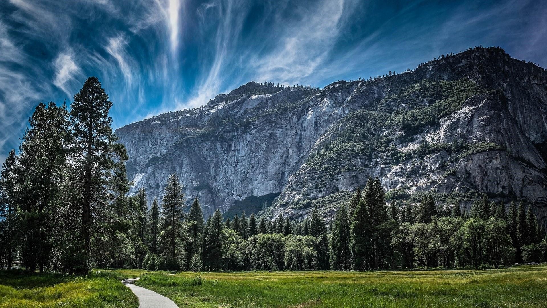 mountains, path, park, trees, clouds, sky, nature, HD Wallpaper