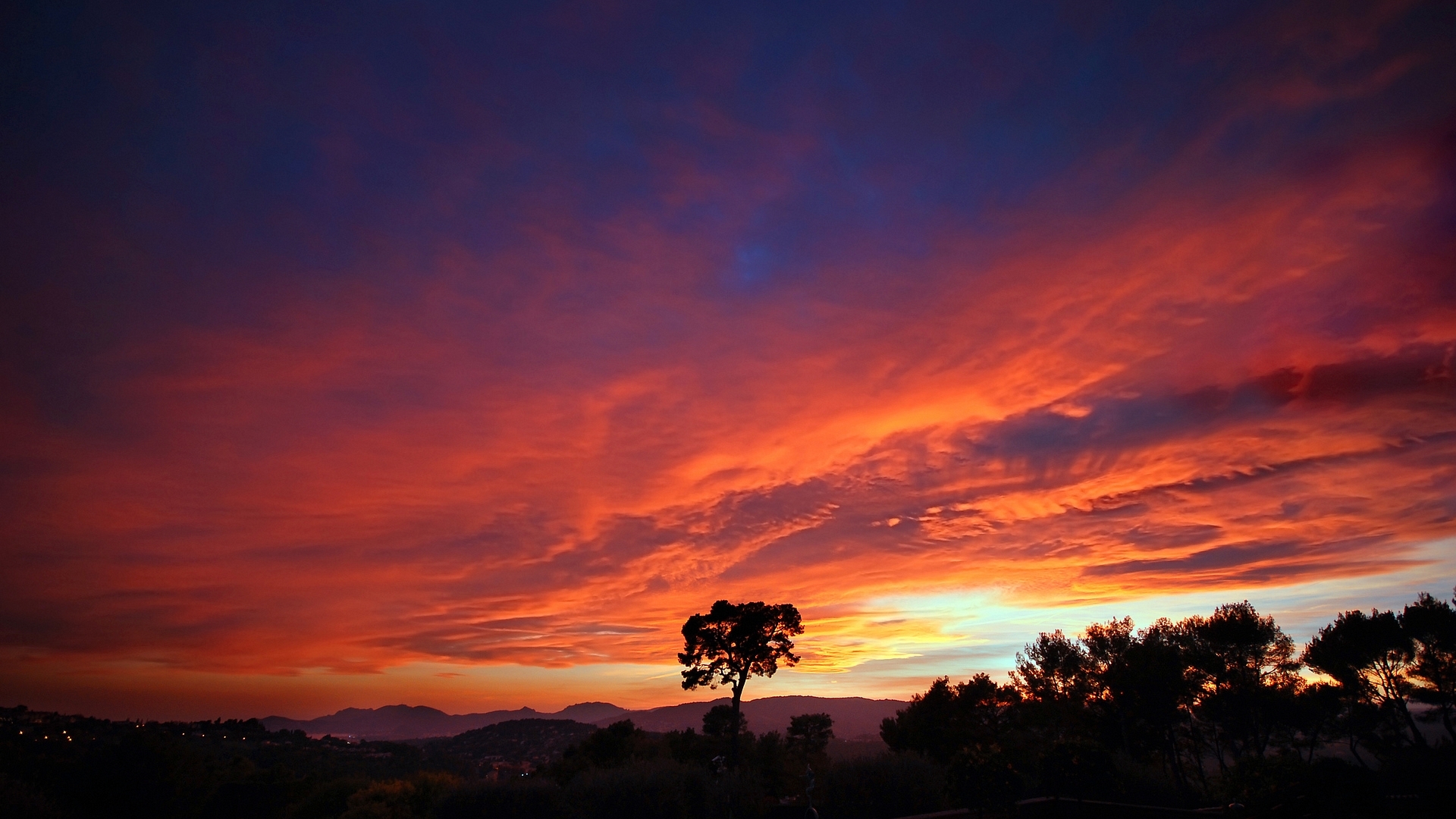 sun, mountains, sunset, trees, clouds, sky, valley, HD Wallpaper