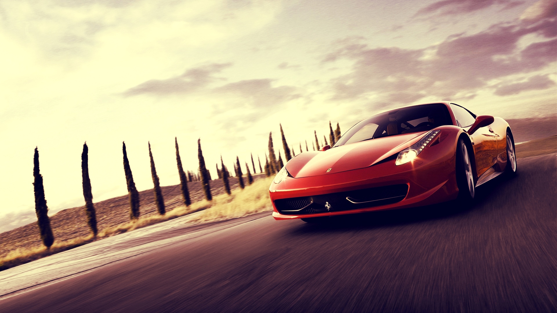 red, pretty, wonderful, stunning, beautiful, clouds, nice, way, road, amazing, drive, sky, trees, cars, ferrari, colour, 458 italia, HD Wallpaper