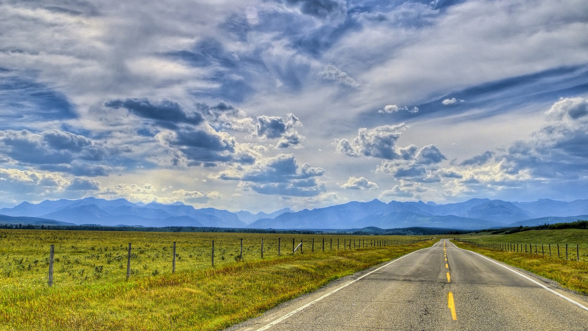 blacktop, rural, beautiful, sky, clouds, two, mountains, nature, lane, field, HD Wallpaper