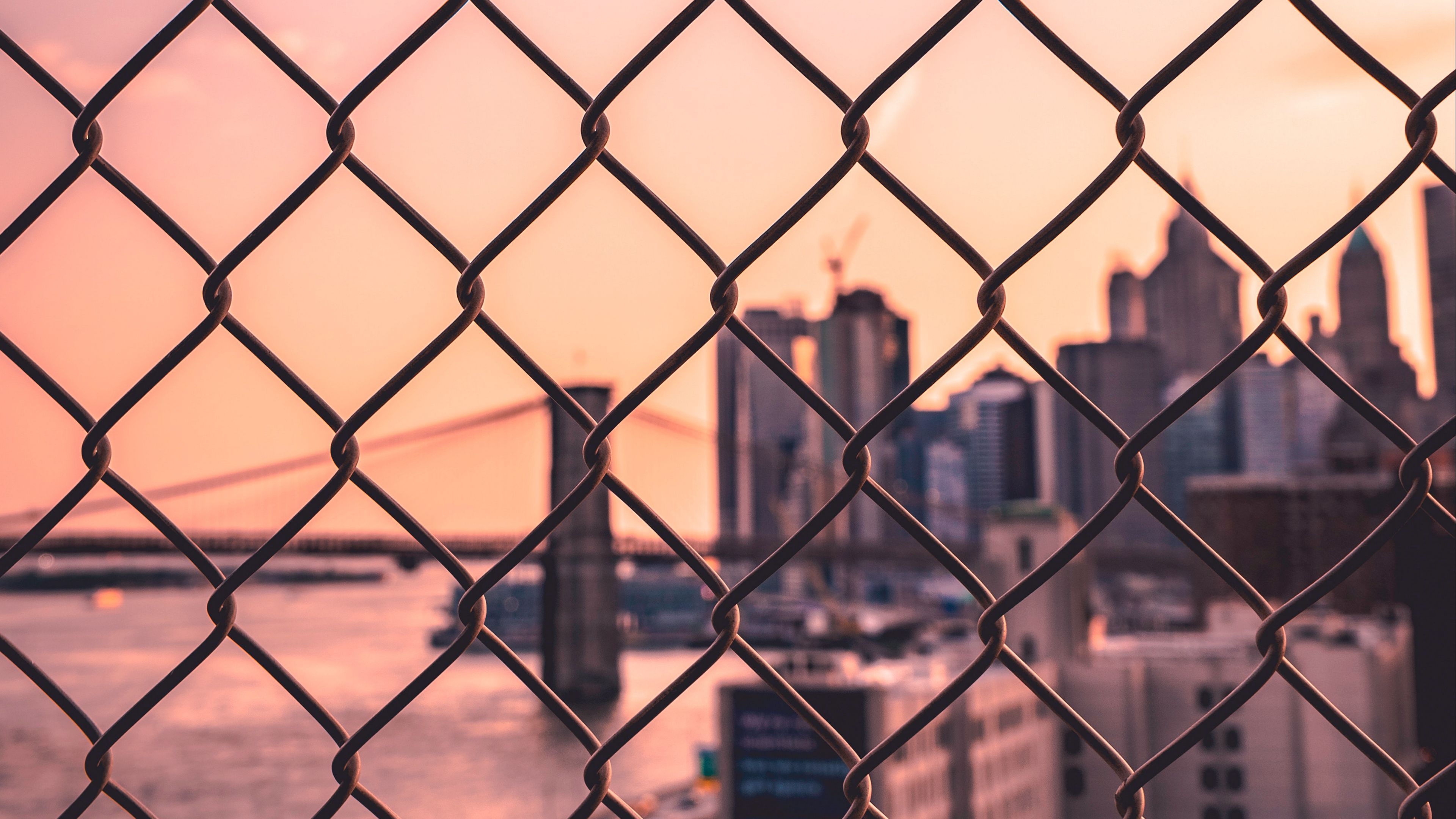 fence, mesh, city, blur, 4k, HD Wallpaper