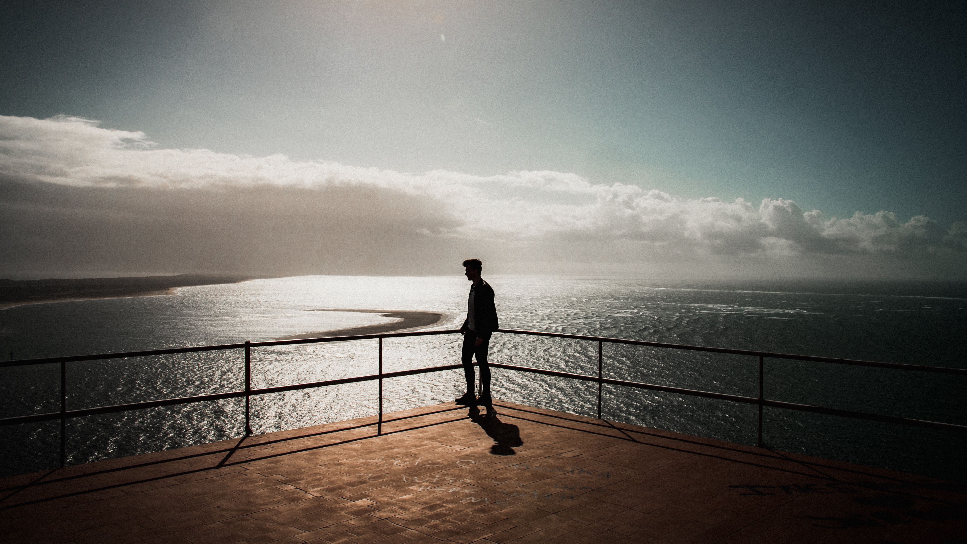 silhouette, loneliness, sea, sunset, setubal, portugal, 4k, HD Wallpaper