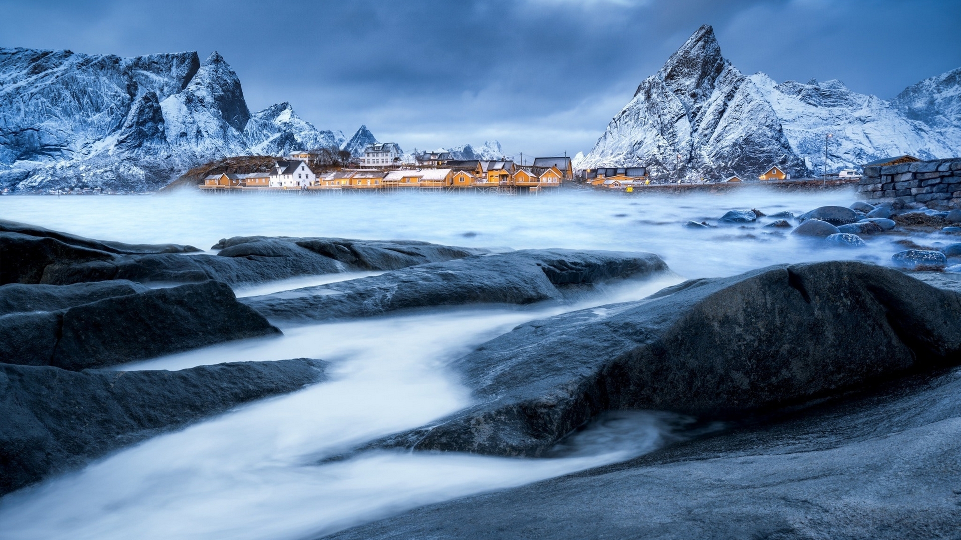snow, mountains, houses, village, sea, HD Wallpaper