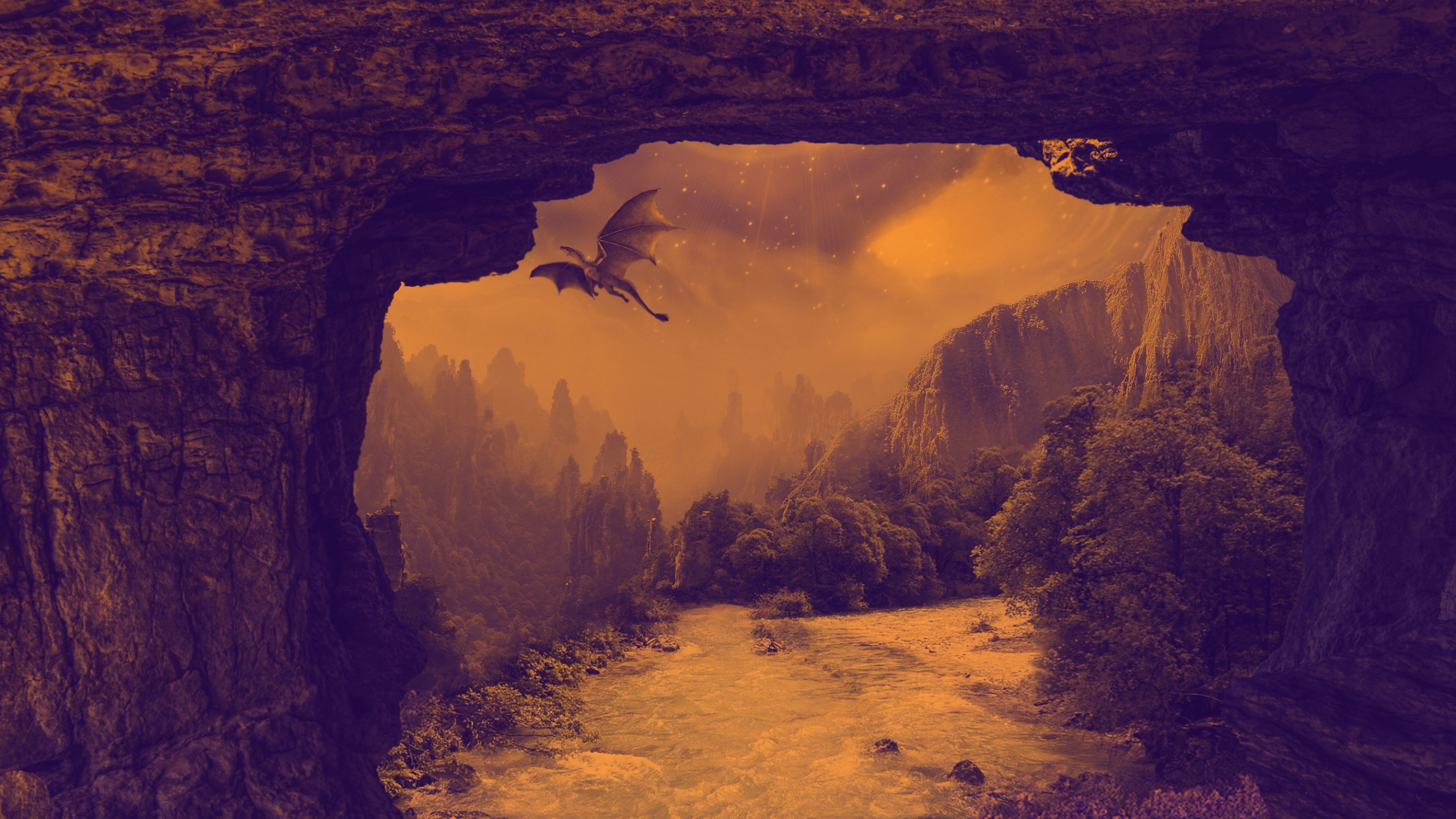 dragon, mystical, fantasy, waterfall, river, rocks, 4k, HD Wallpaper