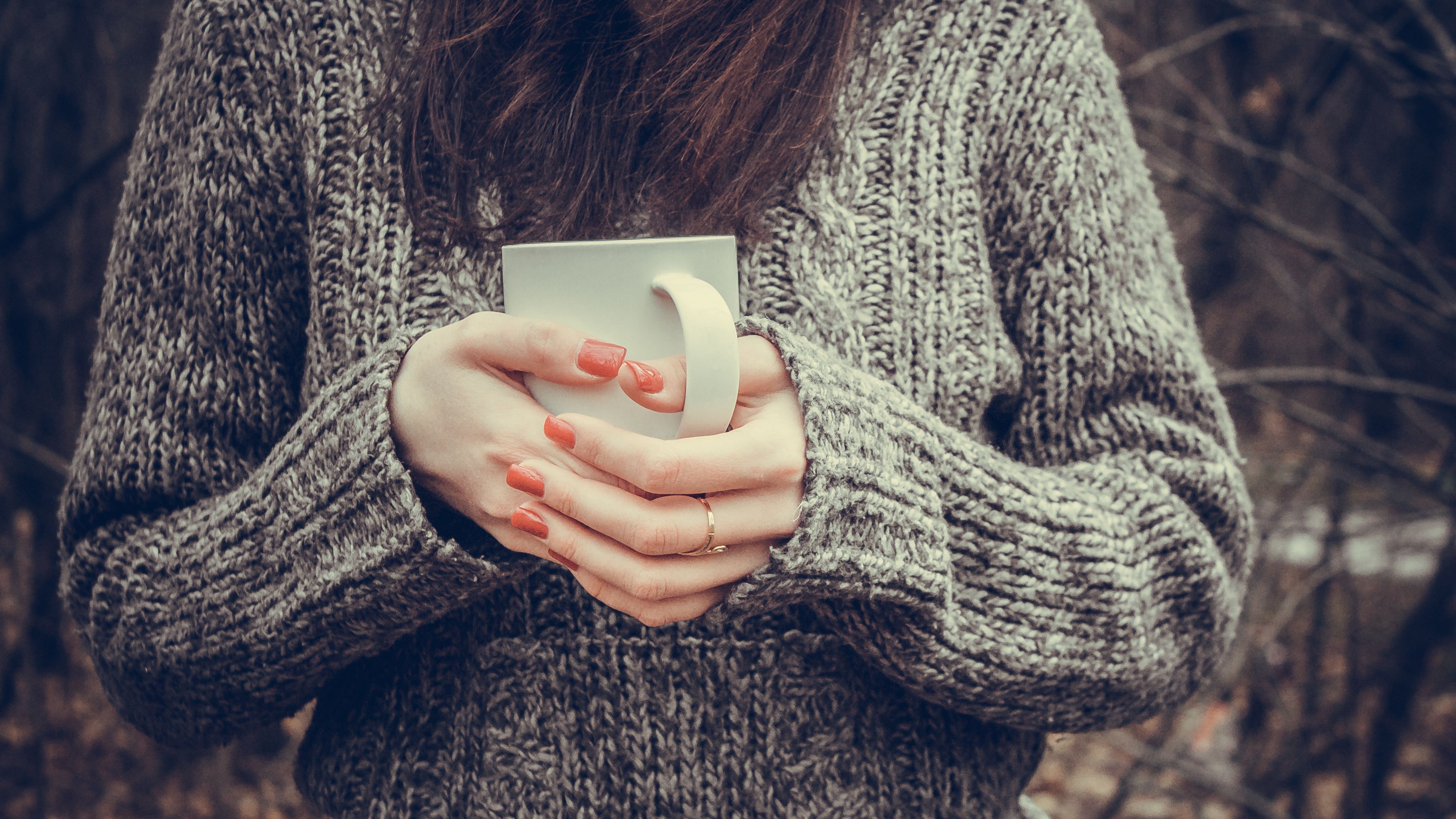 mug, hands, manicure, sweater, girl, 4k, HD Wallpaper