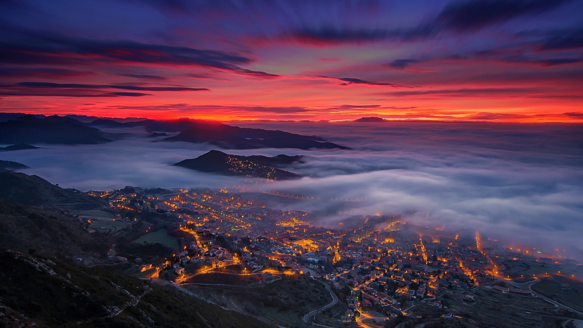 architecture, modern, city, madrid, lights, fog, spain, HD Wallpaper
