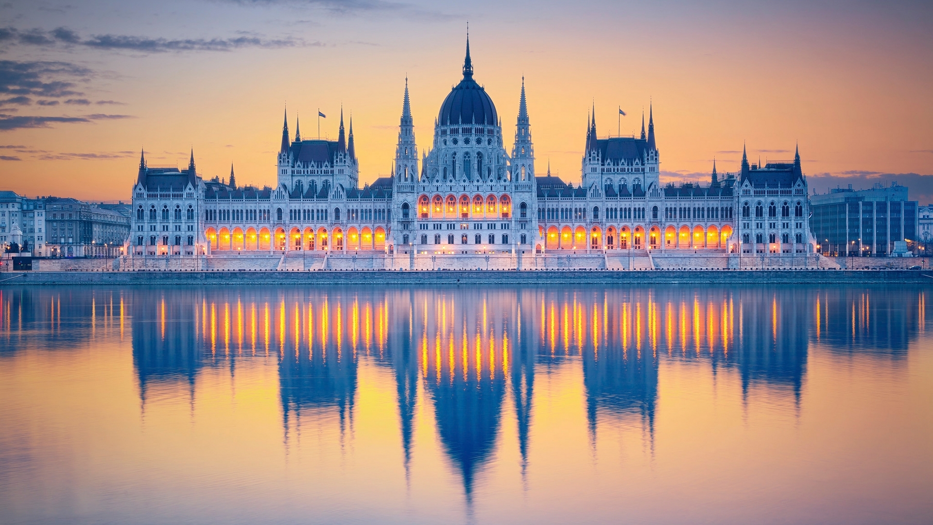 budapest, hungary, water, orange, parliament, reflection, blue, HD Wallpaper