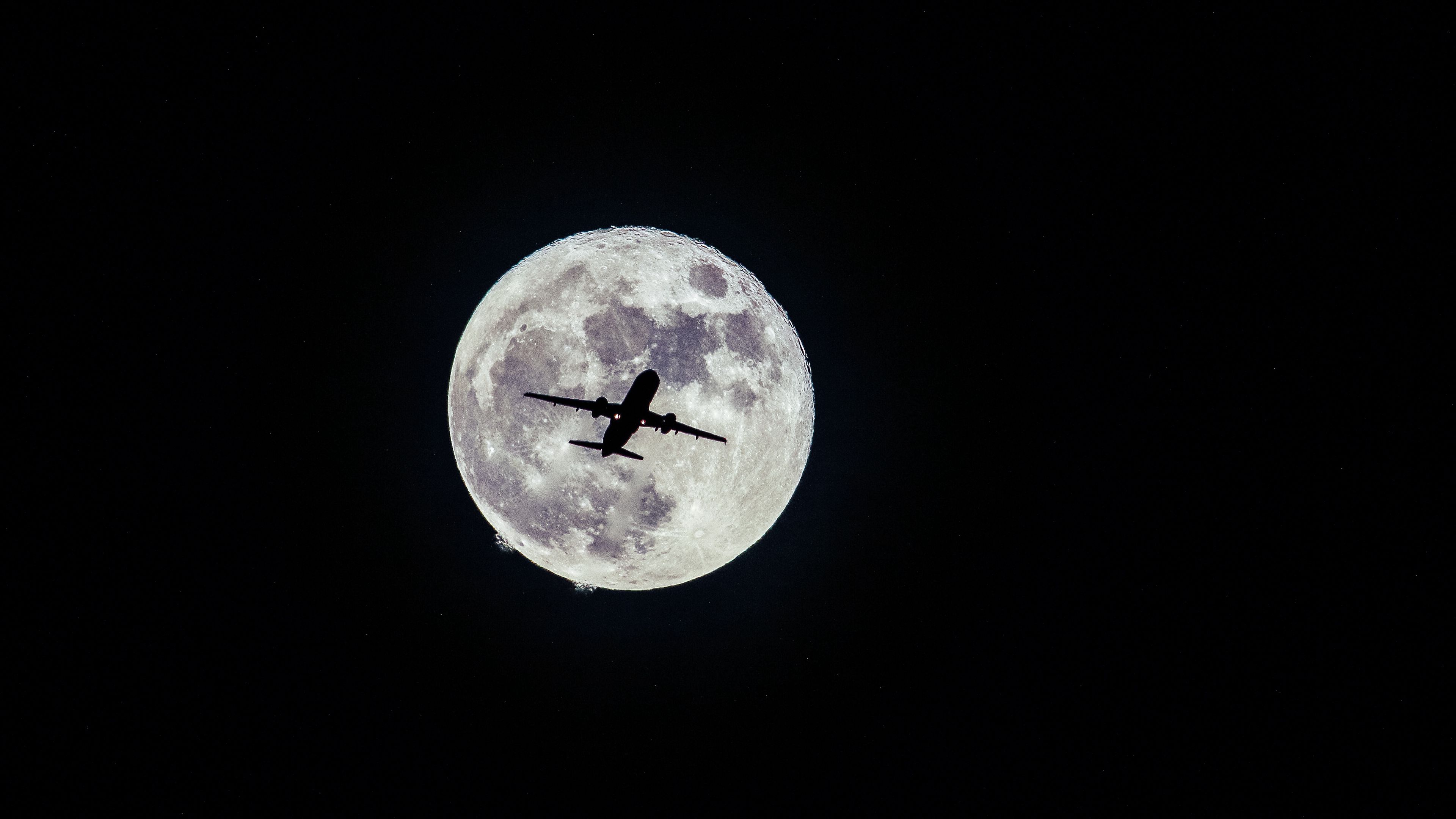 airplane, moon, flight, bw, 4k, HD Wallpaper