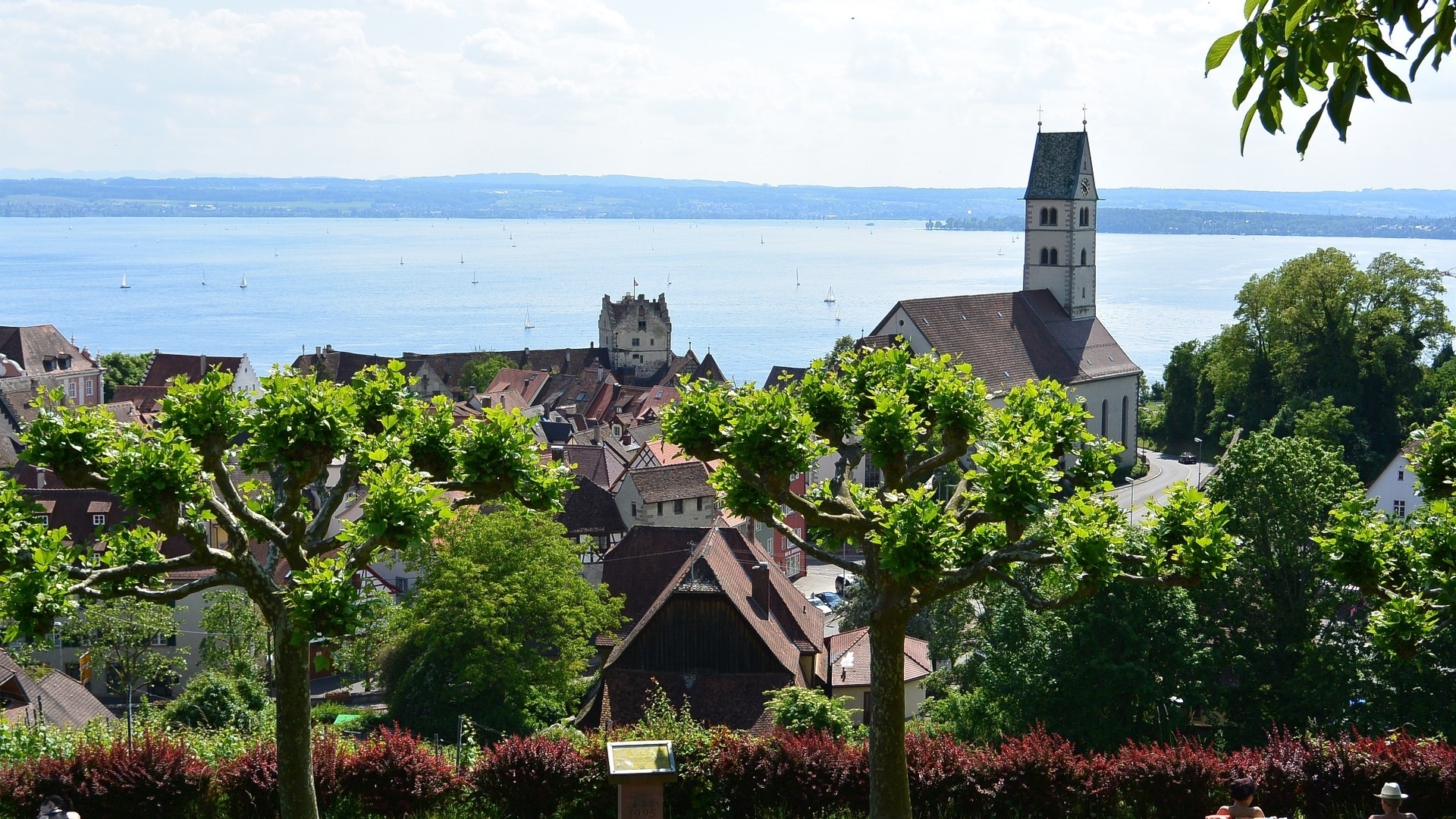 church, trees, lake, town, HD Wallpaper