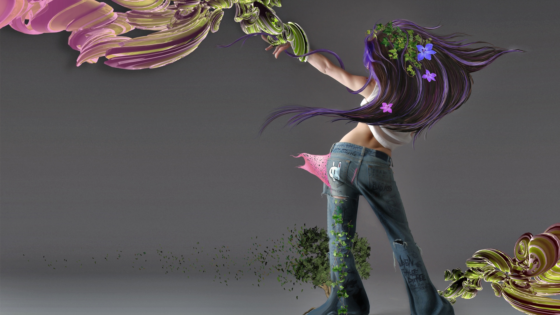 photo, colorful, art, girl, jeans, manipulation, flowers, abstract, HD Wallpaper