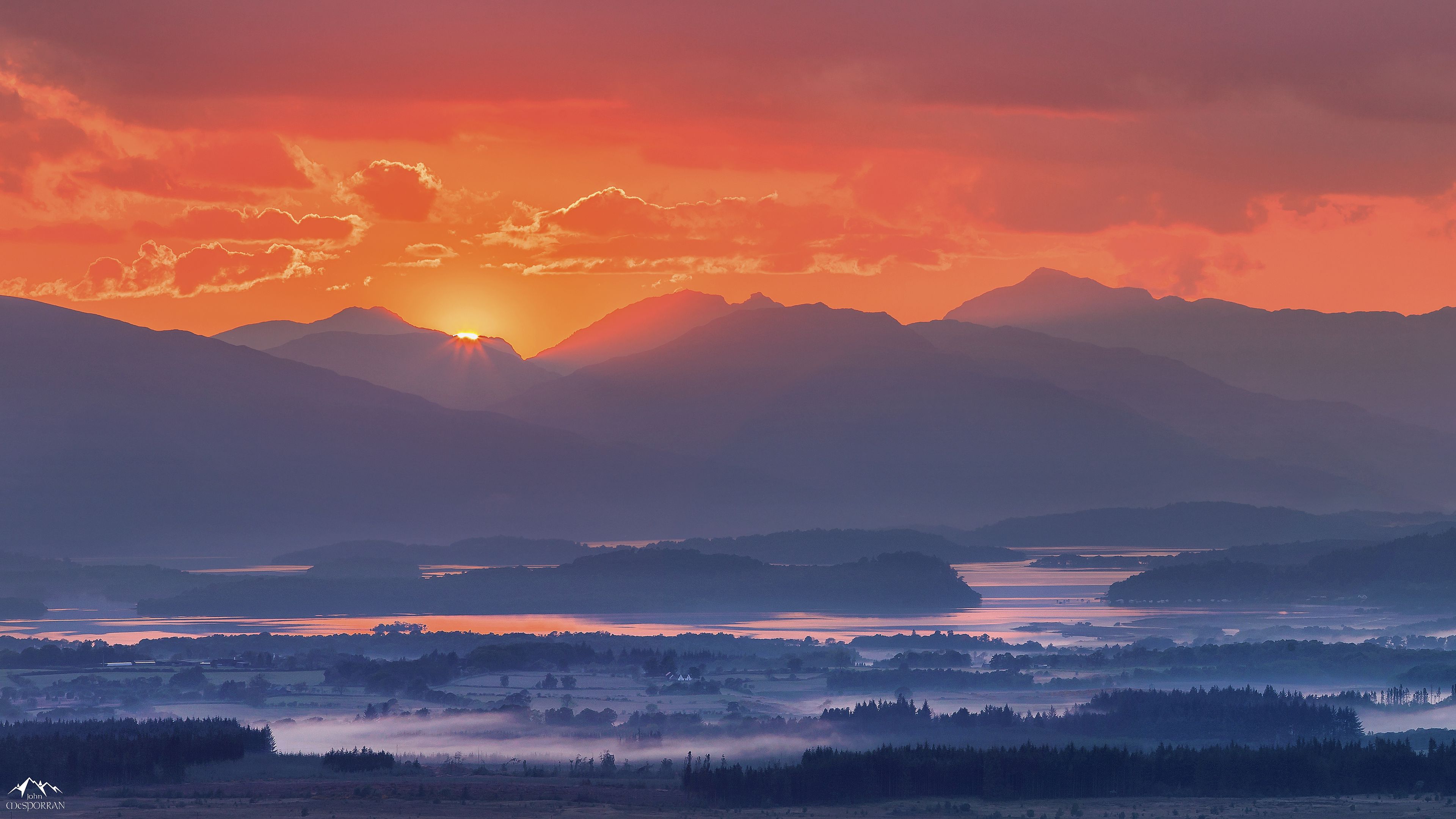 mountains, fog, sunset, loch lomond, scotland, 4k, HD Wallpaper