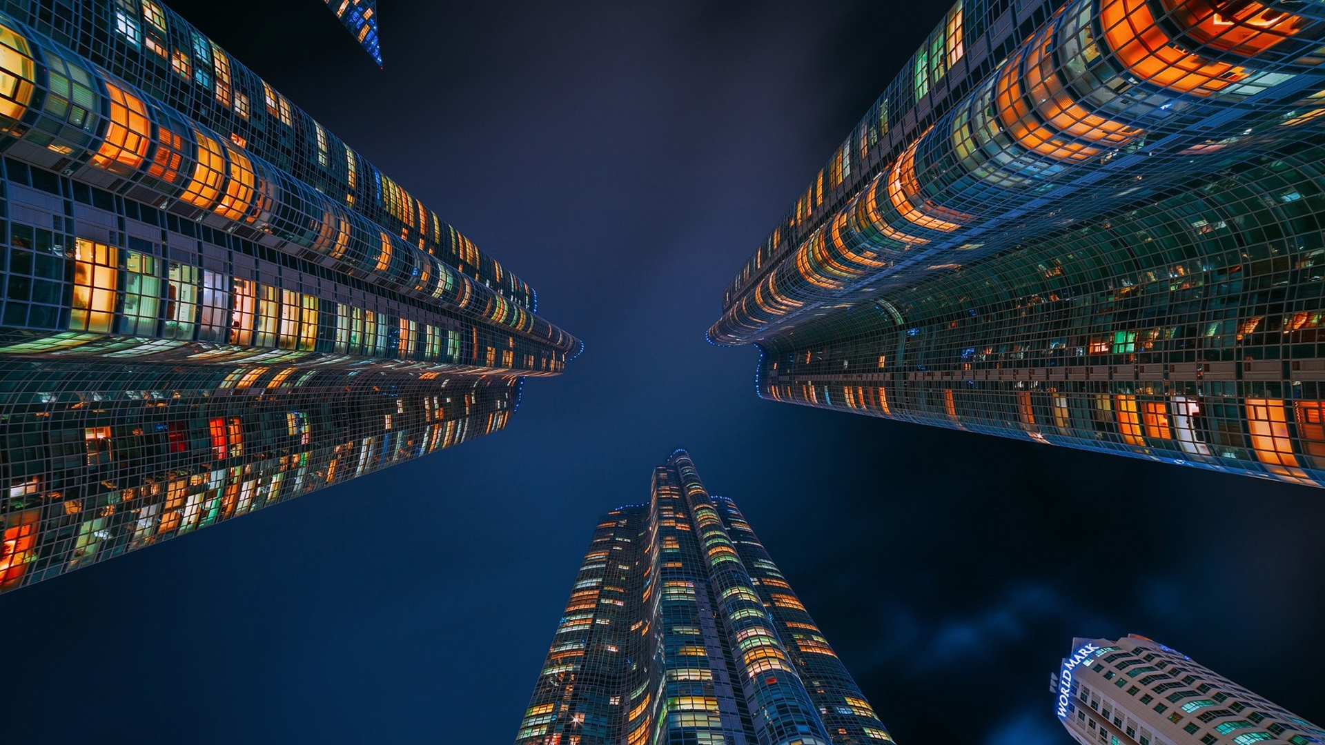 up, view, colors, lights, night, skyscrapers, HD Wallpaper