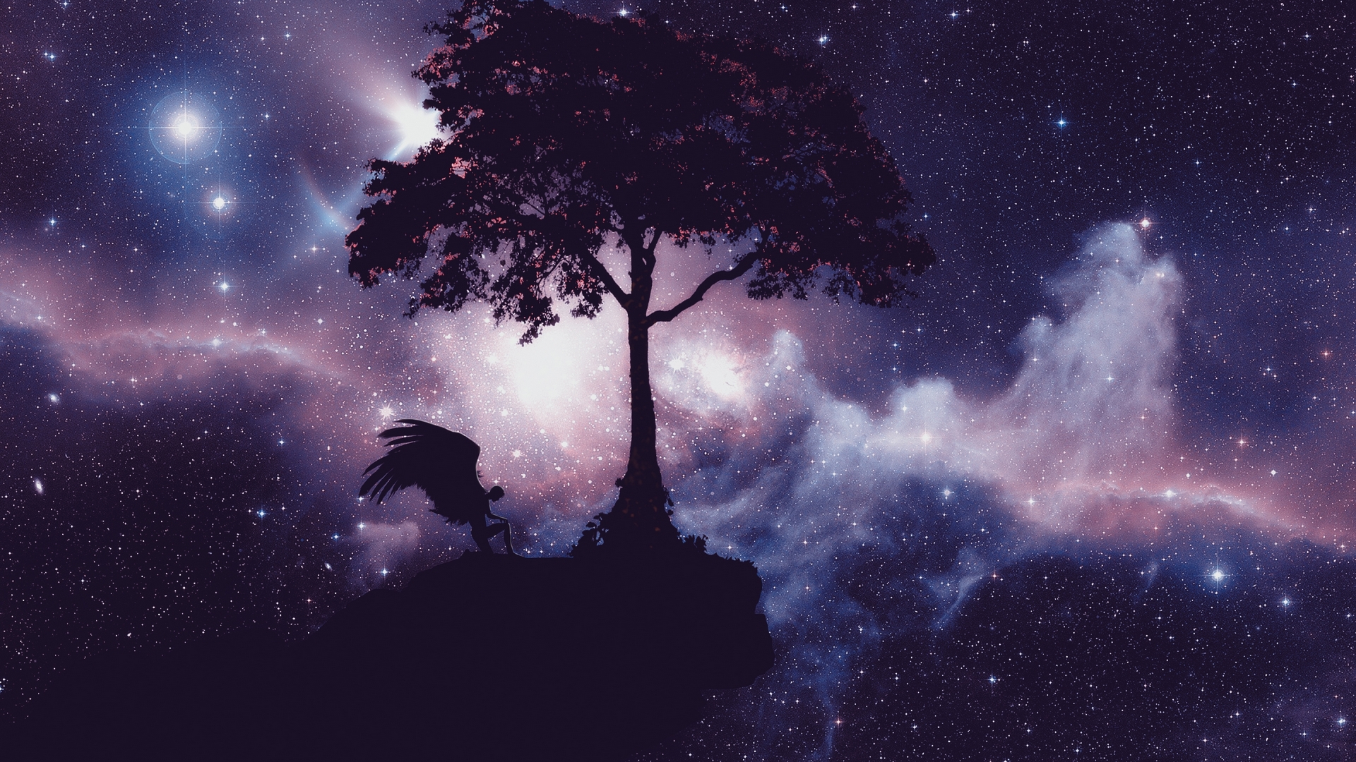 stars, tree, universe, space, angel, galaxy, HD Wallpaper