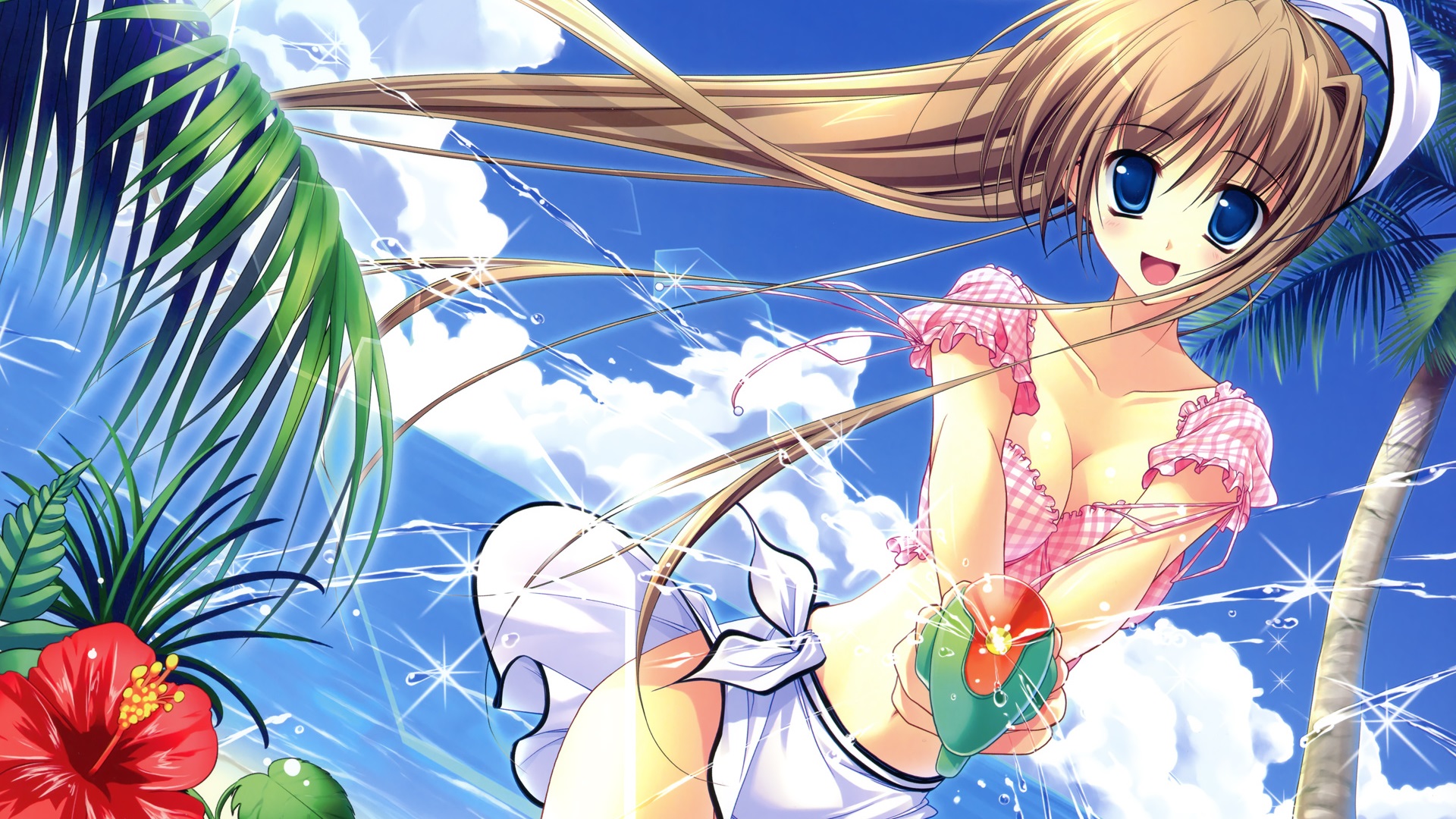 beach, sun, girl, anime, flower, sea, HD Wallpaper