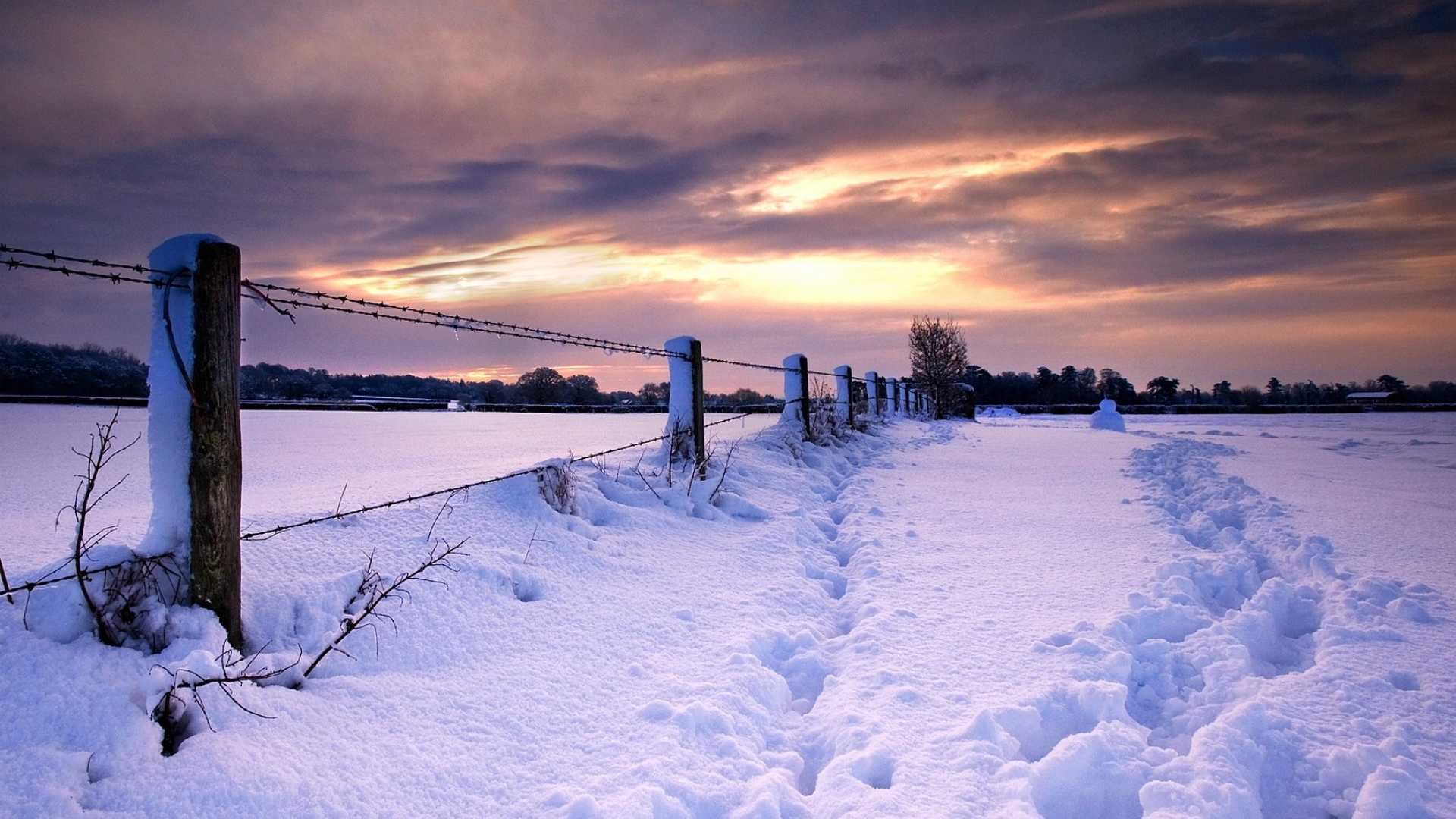 countryside, fence, snow, colors, clouds, sky, landscape, HD Wallpaper